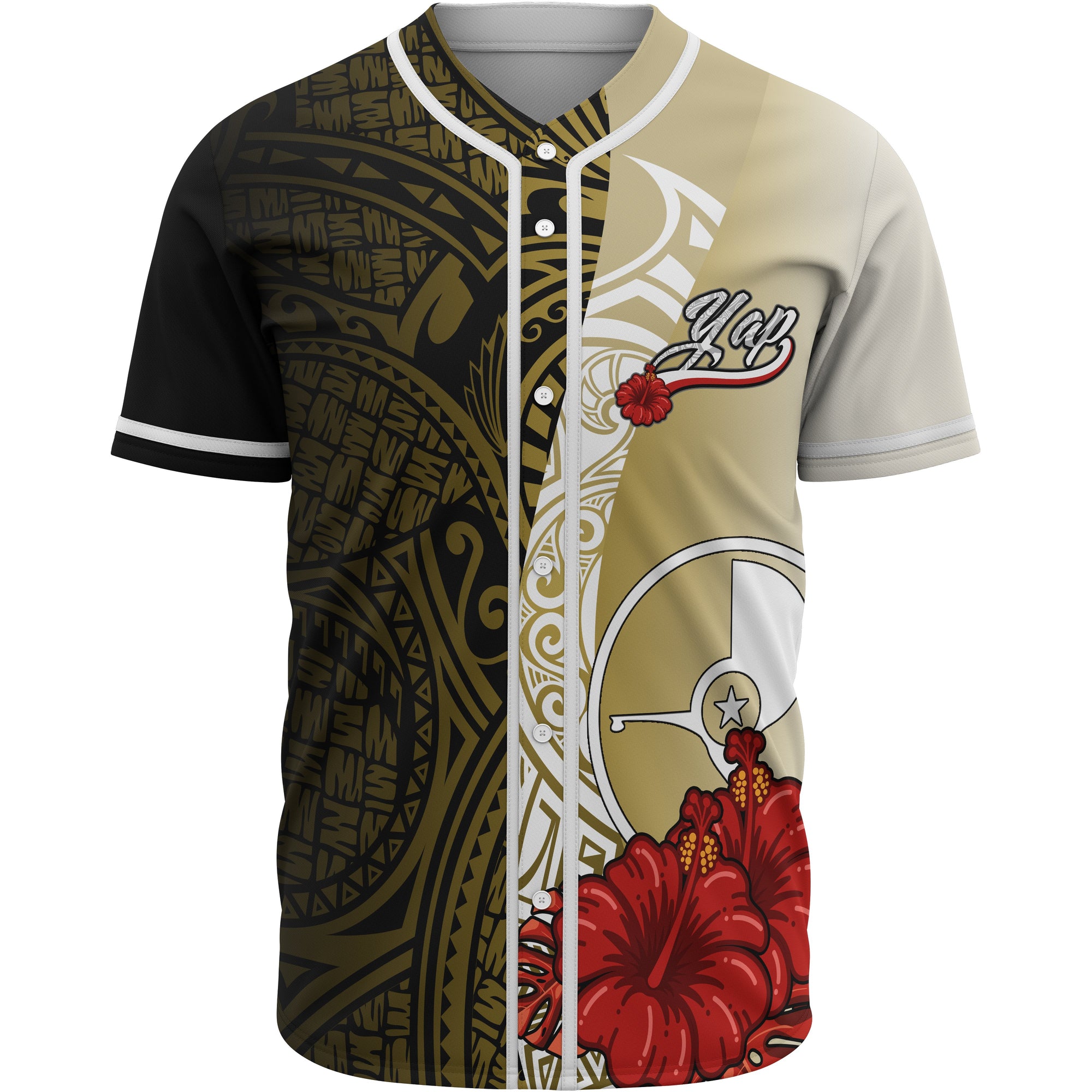 Yap Polynesian Baseball Shirt - Coat Of Arm With Hibiscus Gold Unisex Gold - Polynesian Pride