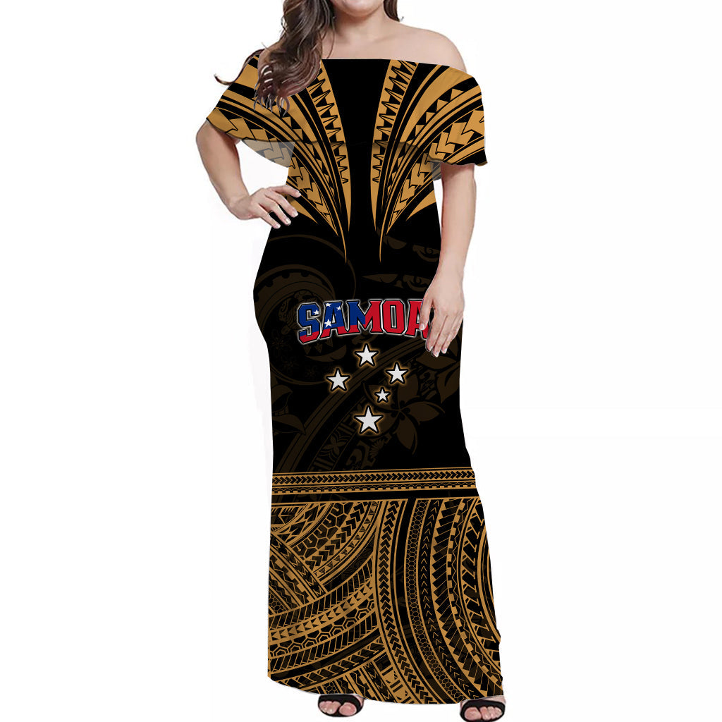 (Custom Personalised) Samoa Tatau Off Shoulder Long Dress Gold Polynesian Proud Samoan LT13 Women Gold - Polynesian Pride