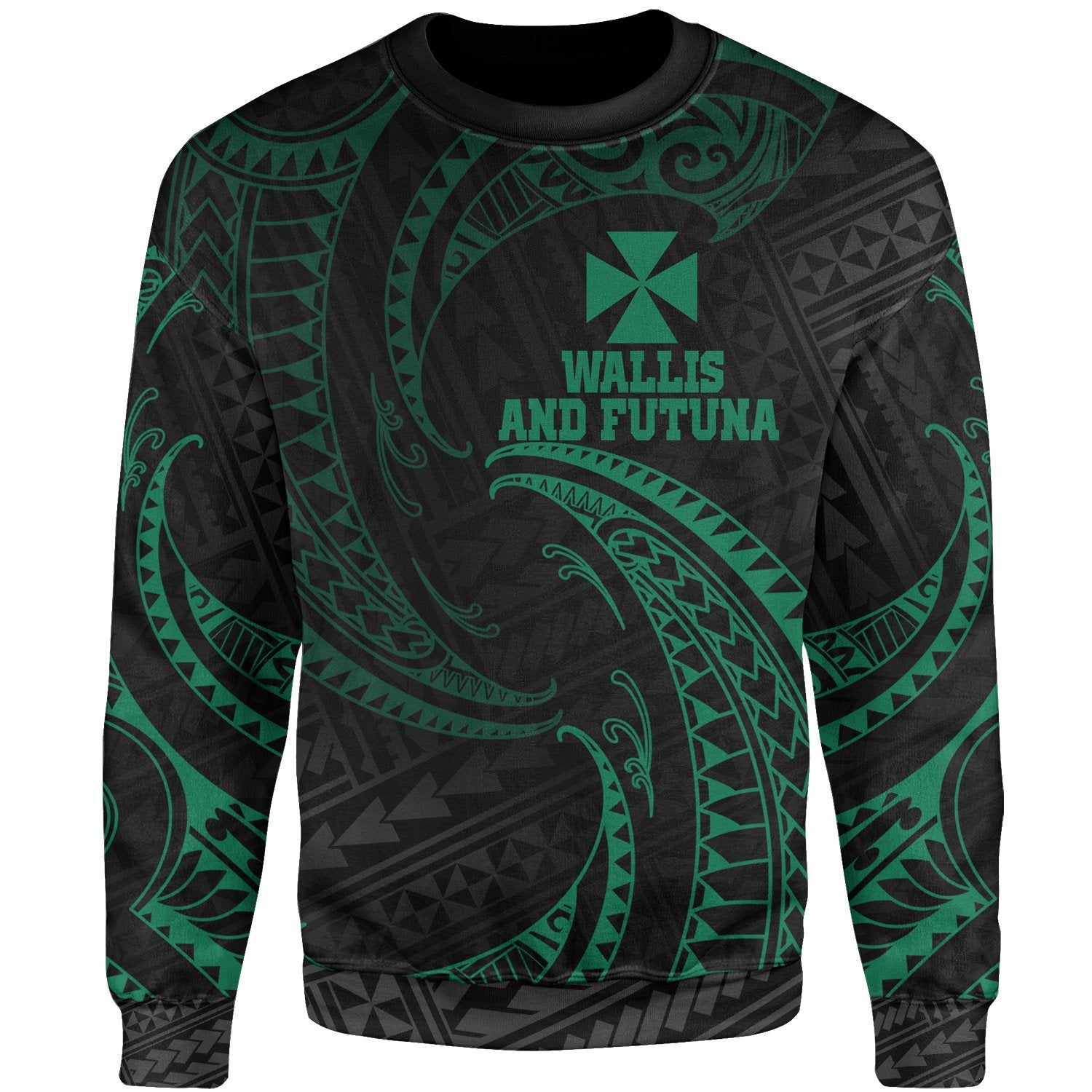 Wallis And Futuna Polynesian Sweater - Green Tribal Wave Unisex Green - Polynesian Pride