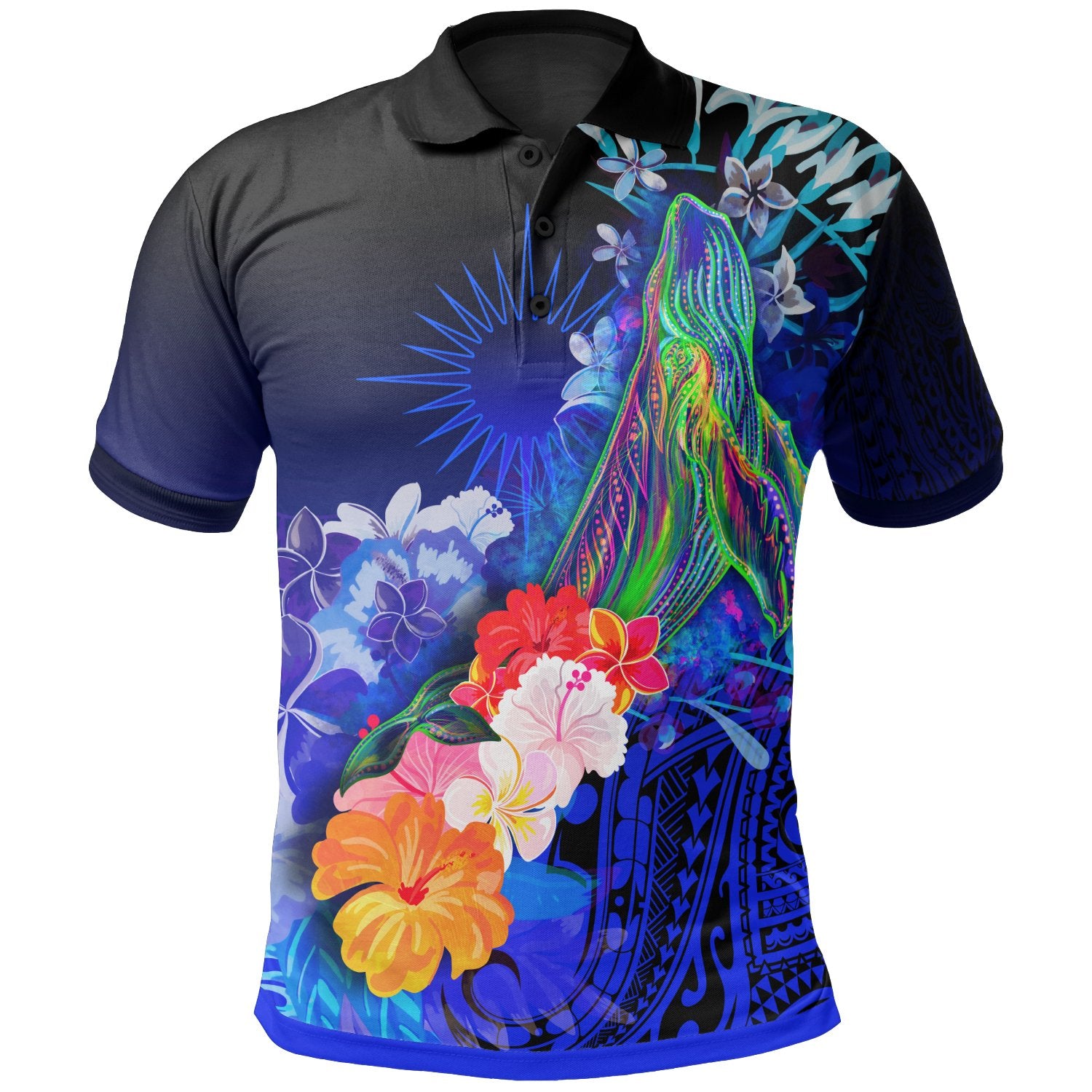 Marshall Islands Polo Shirt Humpback Whale with Tropical Flowers (Blue) Unisex Blue - Polynesian Pride