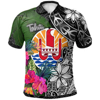 Tahiti Polo Shirt Turtle Plumeria Banana Leaf Unisex Black - Polynesian Pride