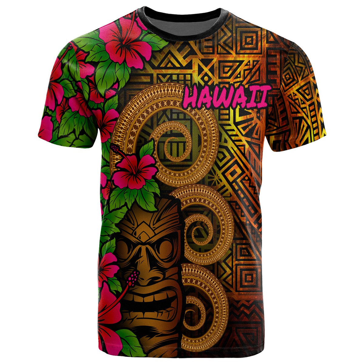 Polynesian Hawaii T Shirt Tiki With Hibiscus Unisex Orange - Polynesian Pride