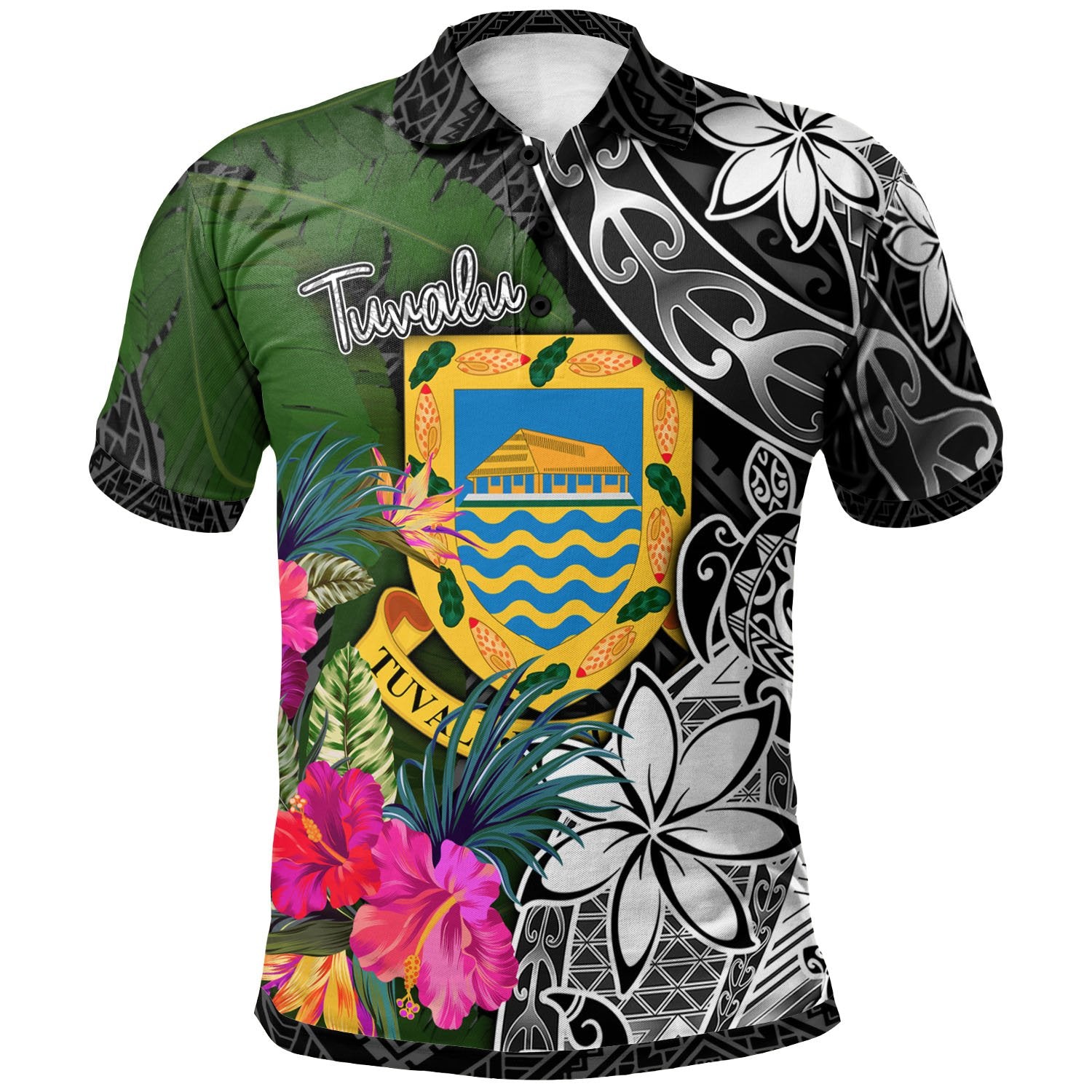 Tuvalu Polo Shirt Turtle Plumeria Banana Leaf Unisex Black - Polynesian Pride