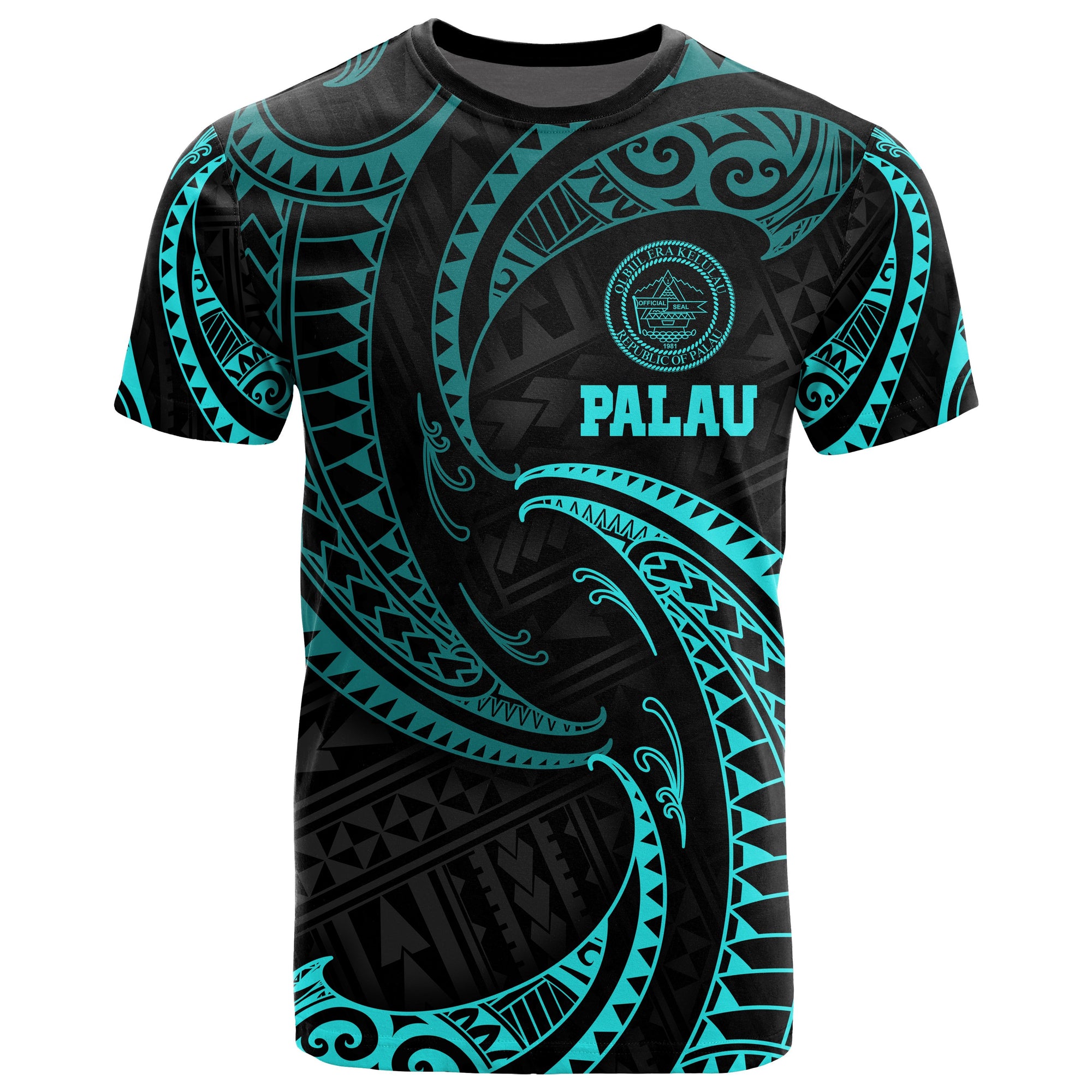 Palau Polynesian All Over T Shirt Neon Blue Tribal Wave Unisex Blue - Polynesian Pride