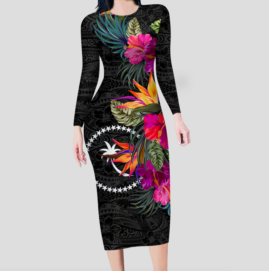 Chuuk Hibiscus Polynesian Tribal Long Sleeves Dress - LT12 Women Black - Polynesian Pride