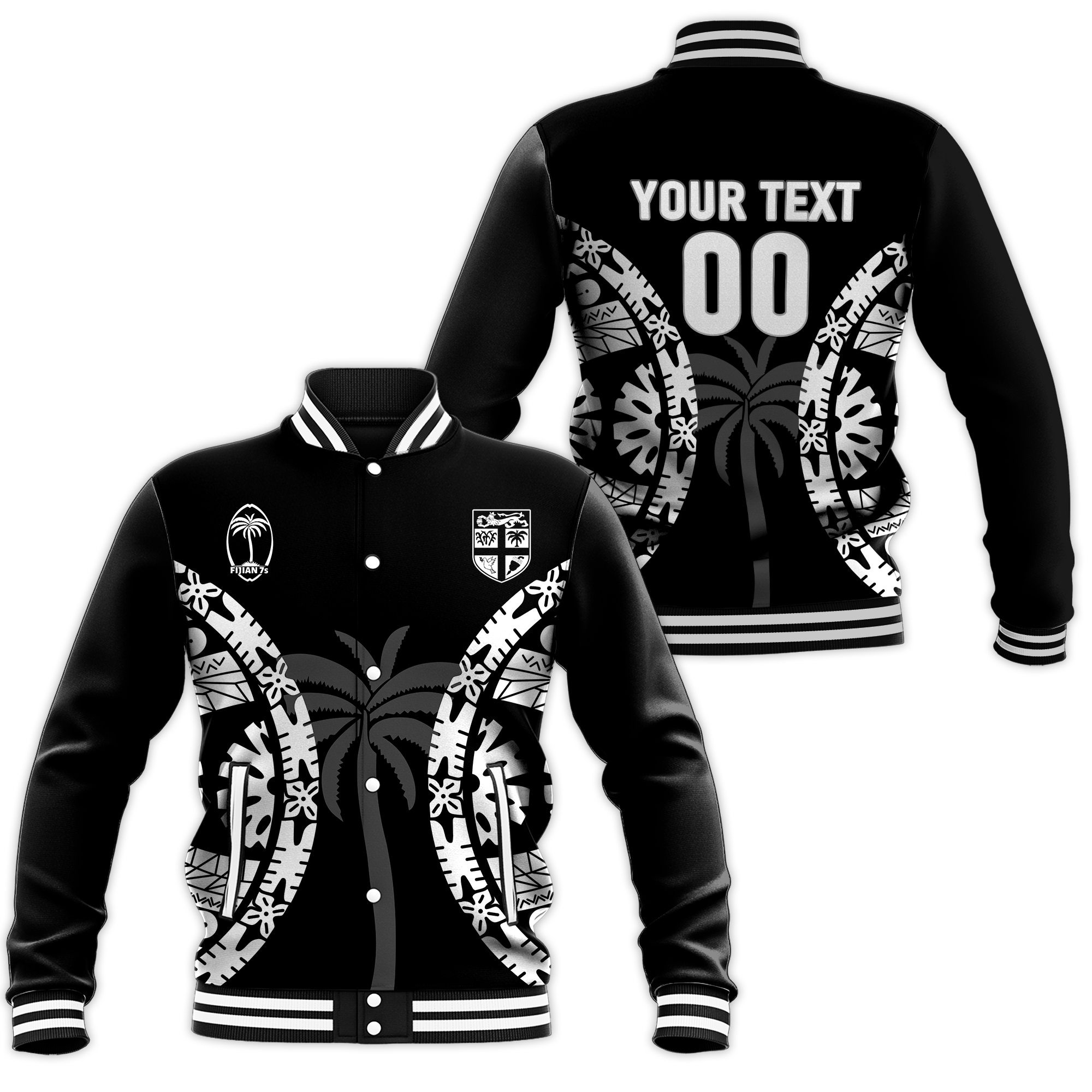 (Custom Personalised) Fiji Rugby Sevens Fijian Tapa Pattern Baseball Jacket - LT12 Unisex Blue - Polynesian Pride