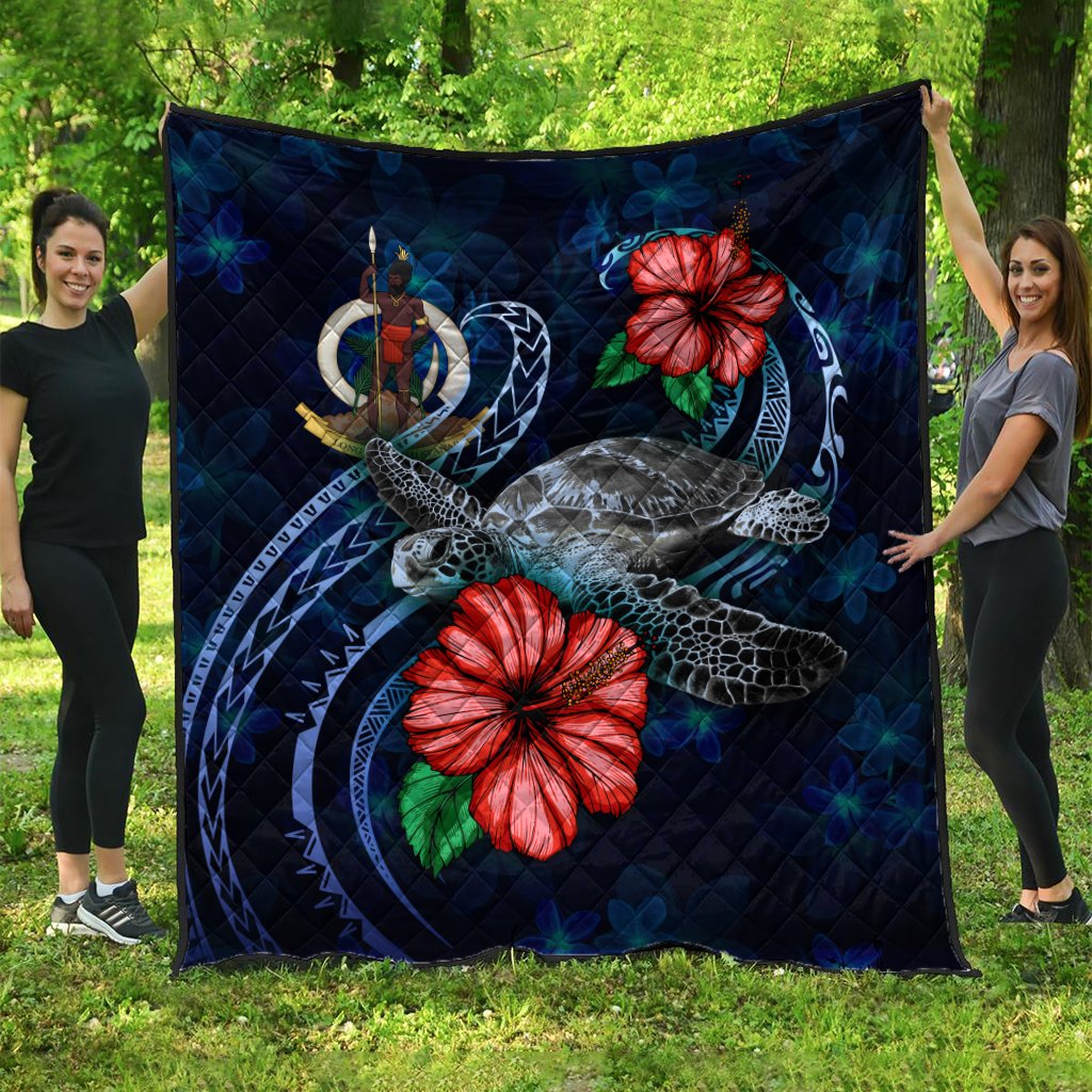 Vanuatu Polynesian Premium Quilt - Blue Turtle Hibiscus Blue - Polynesian Pride