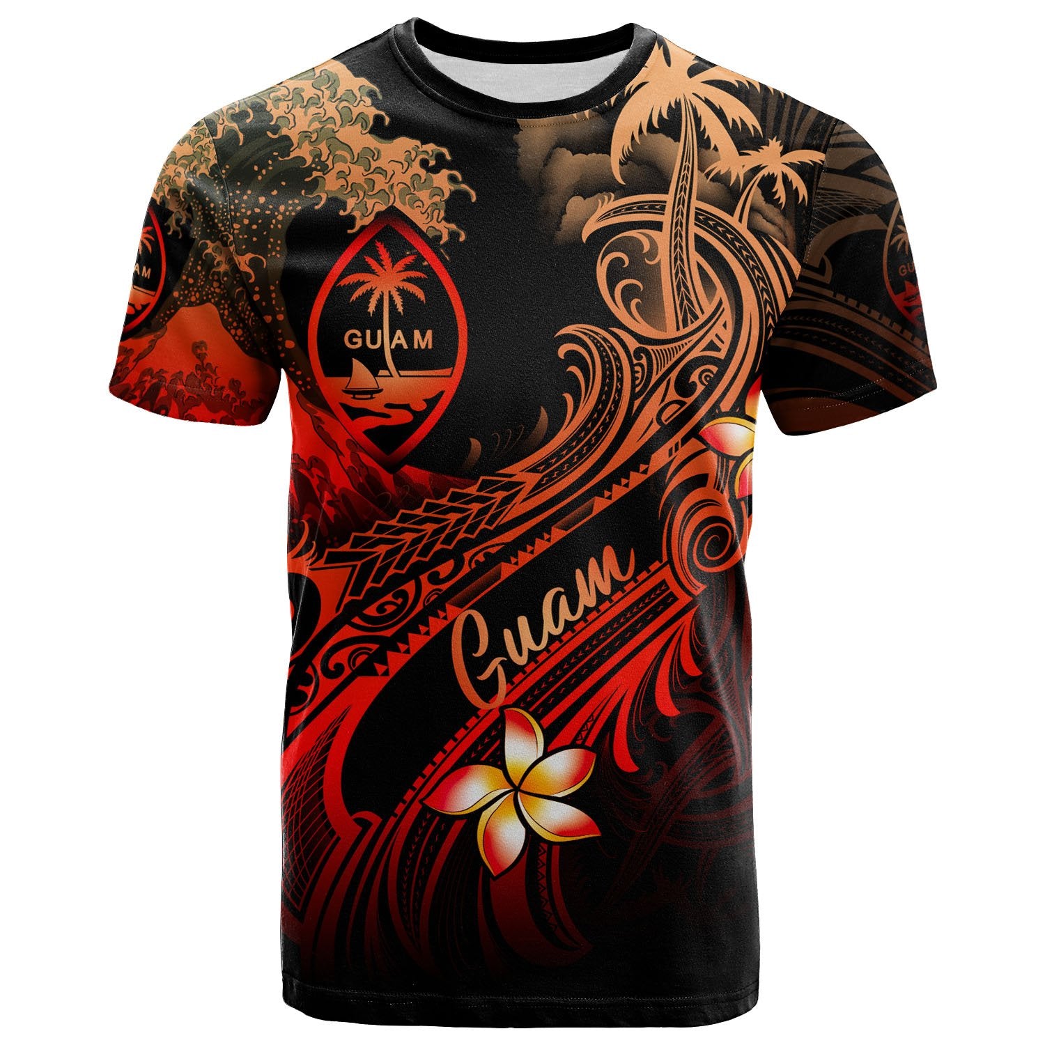 Guam Polynesian T Shirt Plumeria Flowers and Waves Unisex Red - Polynesian Pride