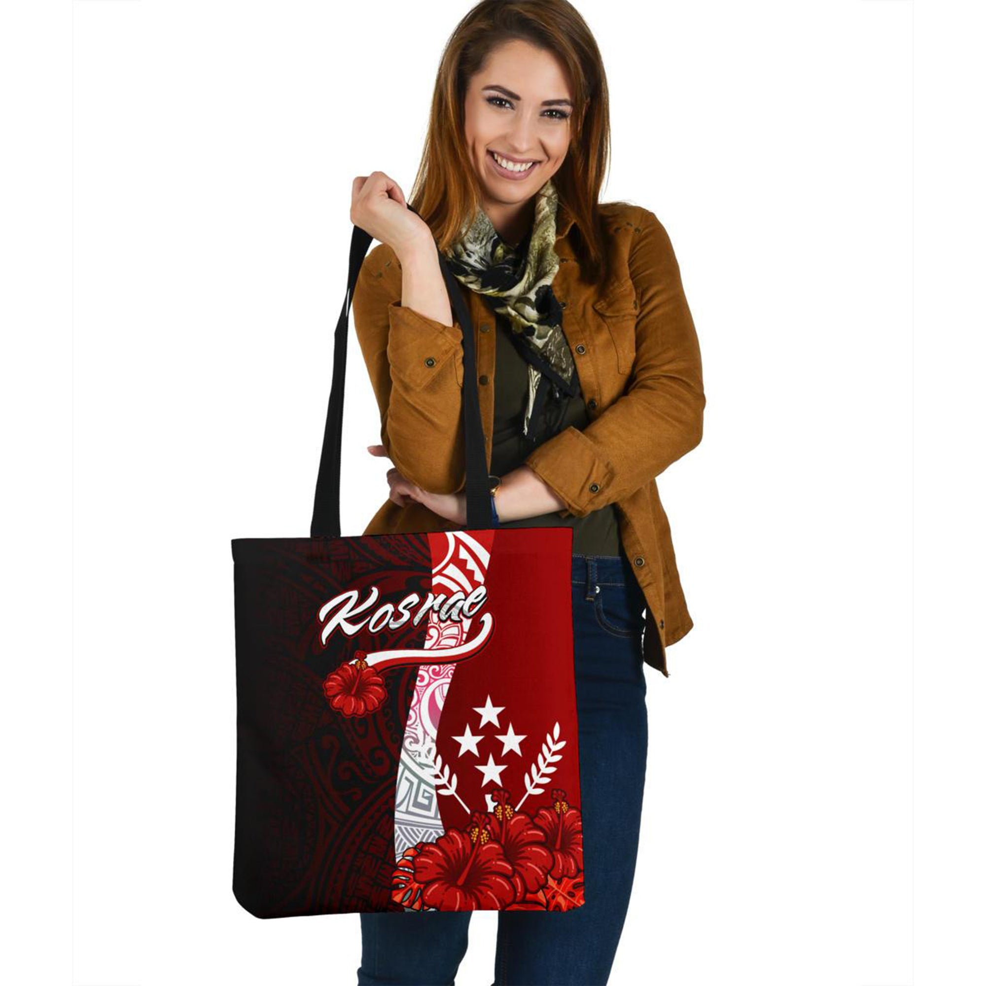 Kosrae Micronesia Tote Bag - Coat Of Arm With Hibiscus Tote Bag One Size Red - Polynesian Pride