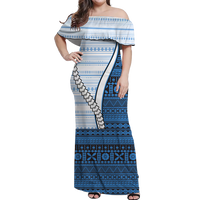 Fiji Tapa Tribal Women Off Shoulder Long Dress - LT12 Long Dress Blue - Polynesian Pride