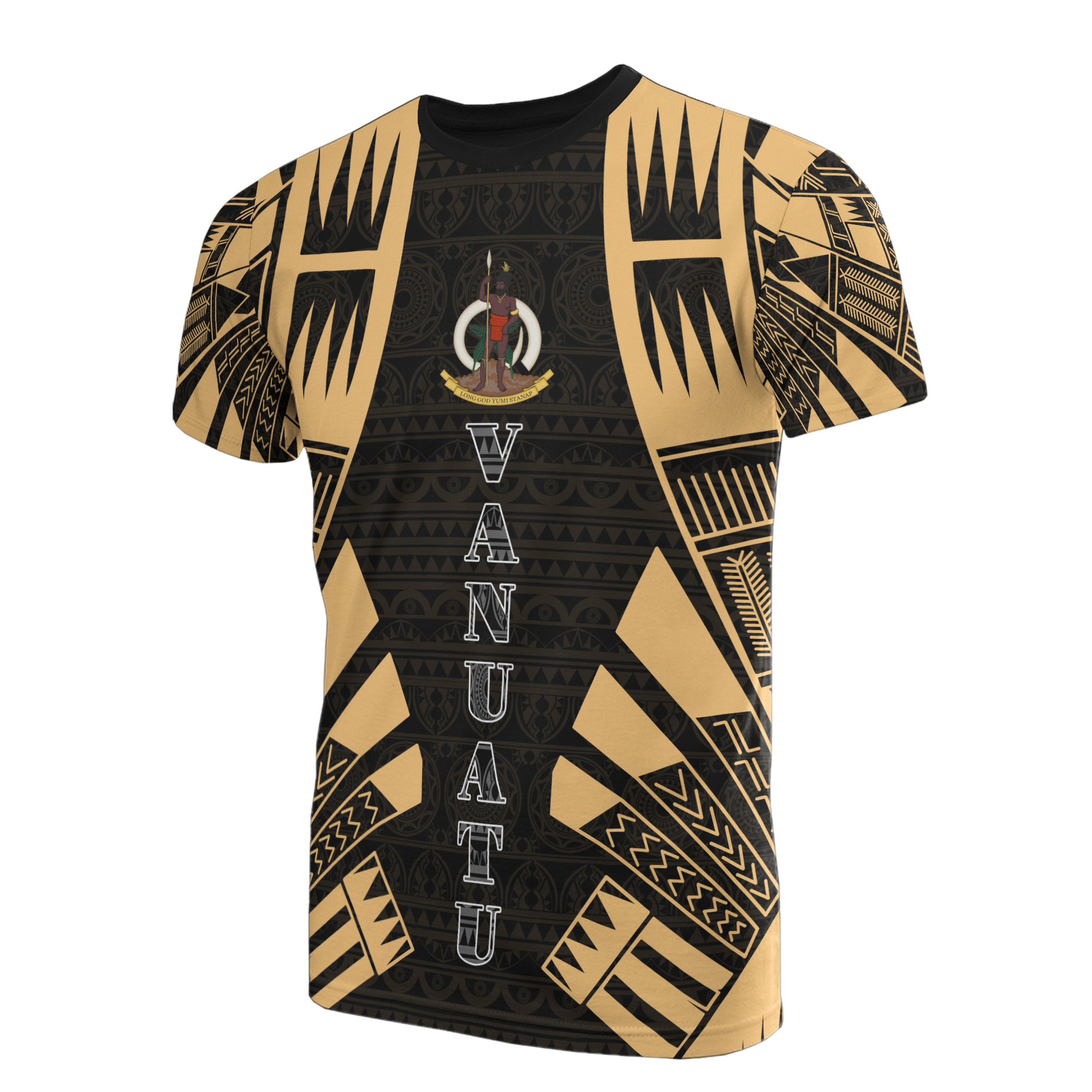 Vanuatu T Shirt Vanuatuan Coat of Arms Polynesian Tattoo Gold Style Unisex Black-Gold - Polynesian Pride