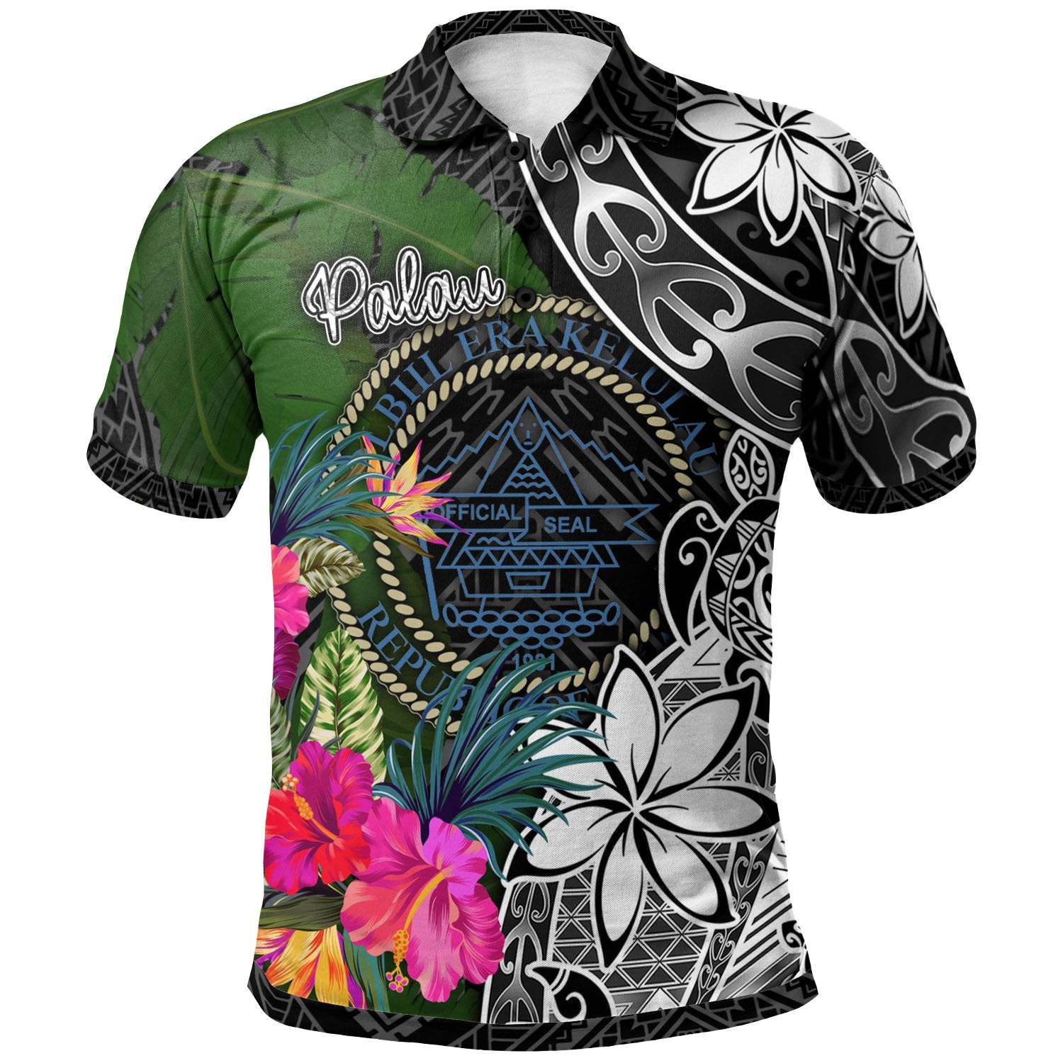 Palau Polo Shirt Turtle Plumeria Banana Leaf Crest Unisex Black - Polynesian Pride