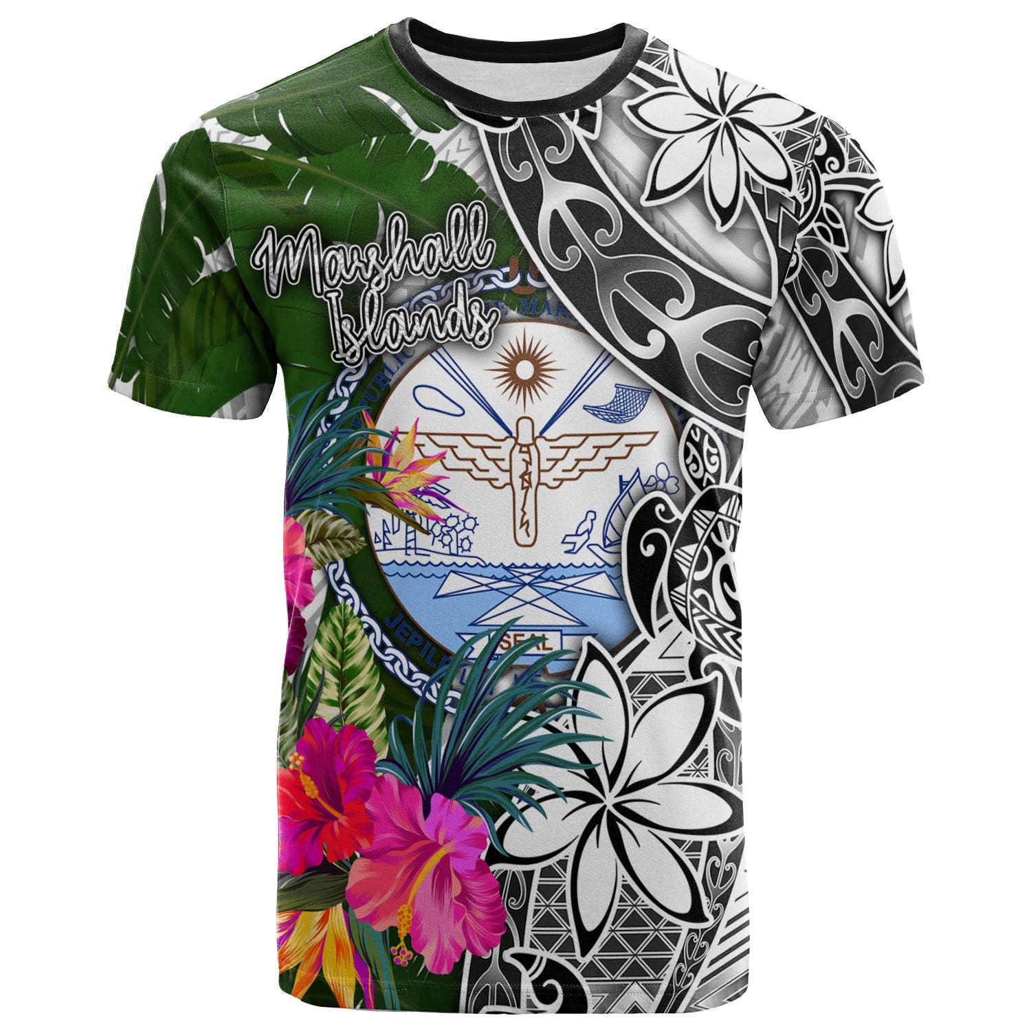 Marshall Islands T Shirt White Turtle Plumeria Banana Leaf Crest Unisex Art - Polynesian Pride