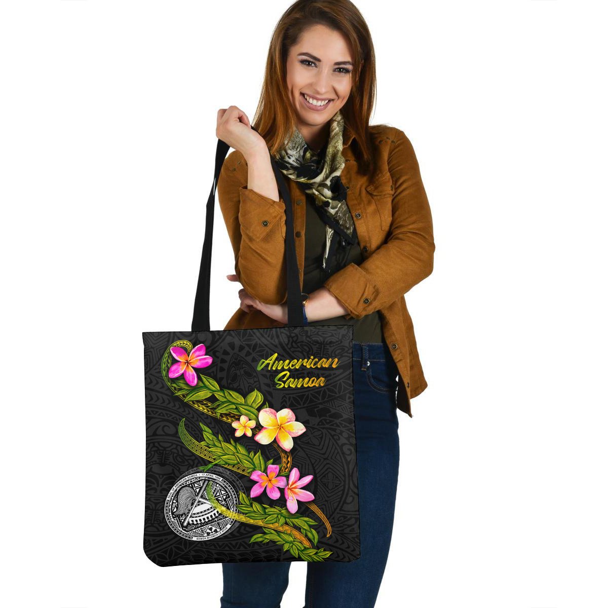 American Samoa Polynesian Tote Bag - Plumeria Tribal Tote Bag One Size Black - Polynesian Pride