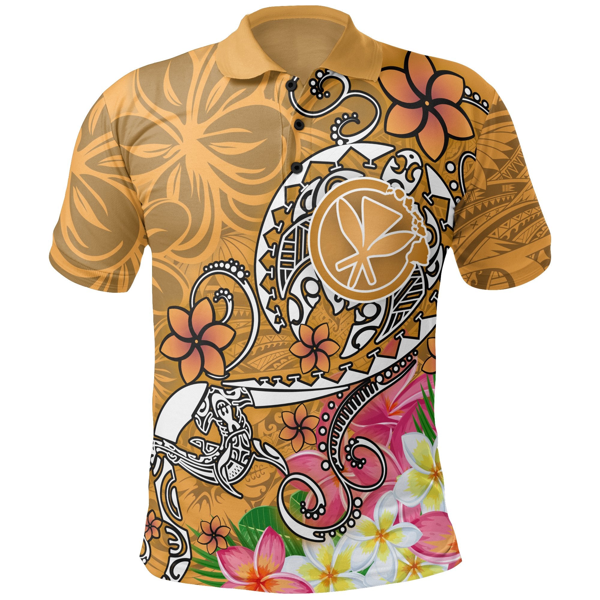 Hawaii Polo Shirt Turtle Plumeria Polynesian Tattoo Gold Color Unisex Gold - Polynesian Pride