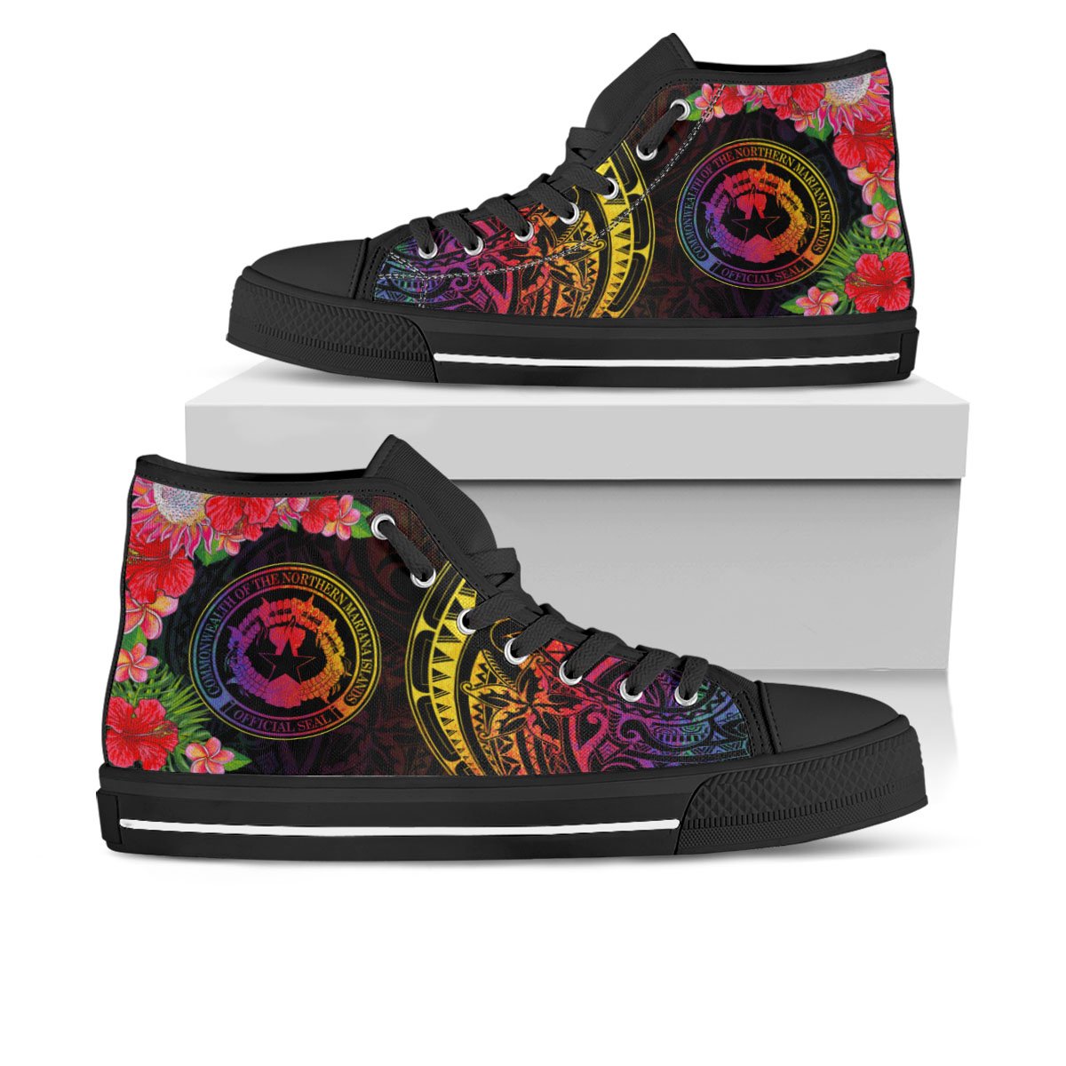 Northern Mariana Islands High Top Shoes - Tropical Hippie Style Unisex Black - Polynesian Pride