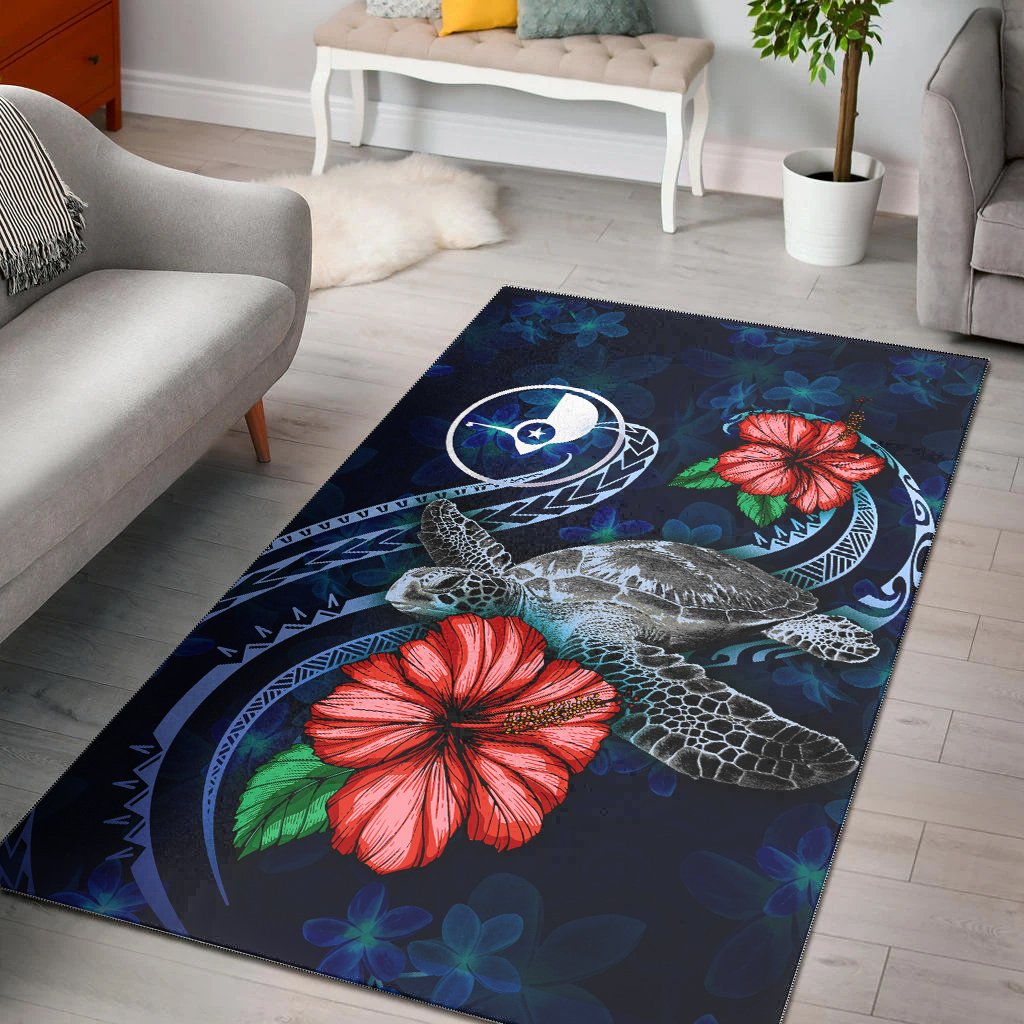 Yap Polynesian Area Rug - Blue Turtle Hibiscus Blue - Polynesian Pride