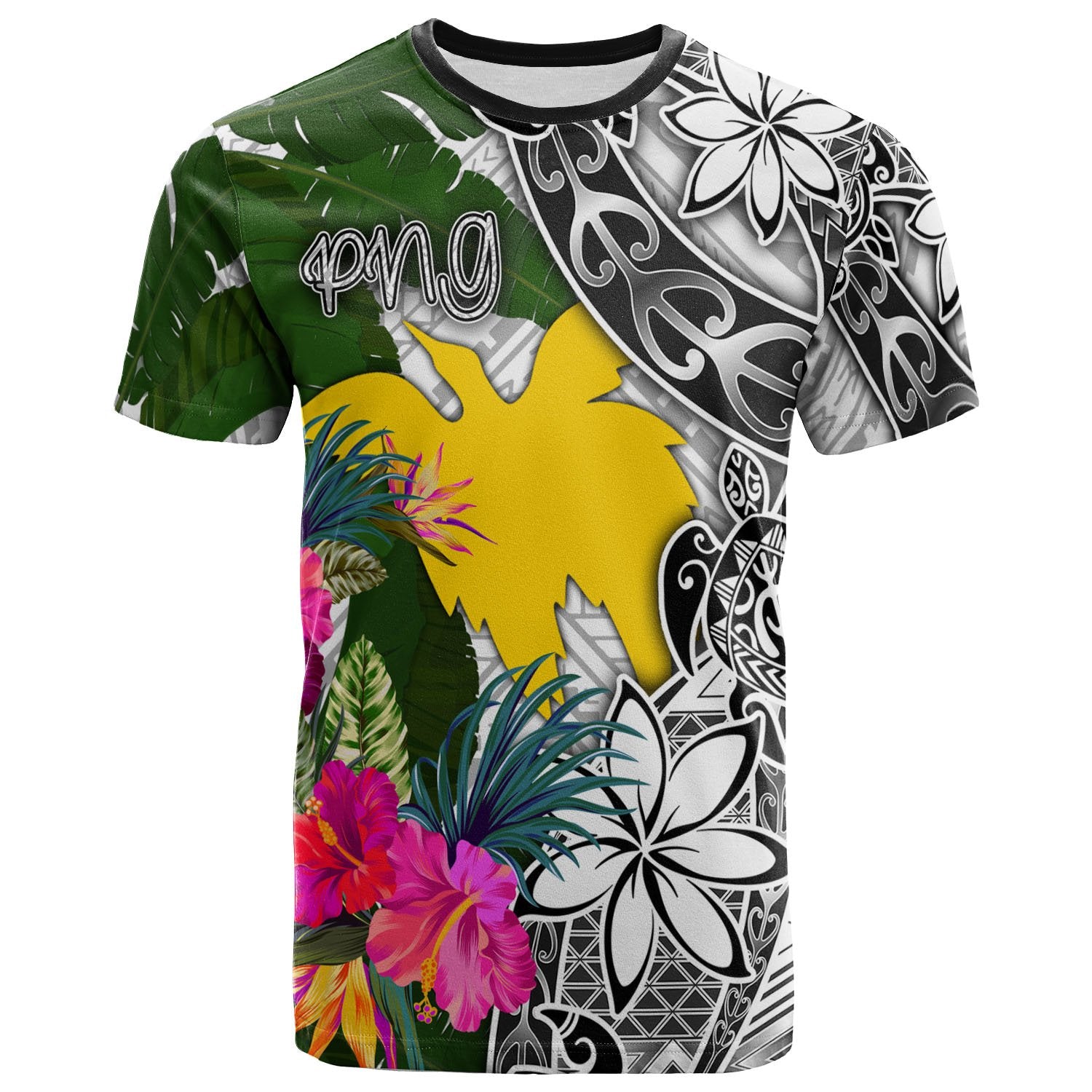 Papua New Guinea T Shirt White Turtle Plumeria Banana Leaf Unisex Art - Polynesian Pride