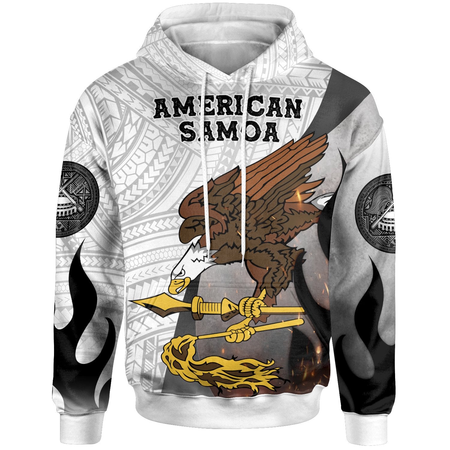 American Samoa Hoodie Polynesian Eagle Fire White Style Unisex Black - Polynesian Pride