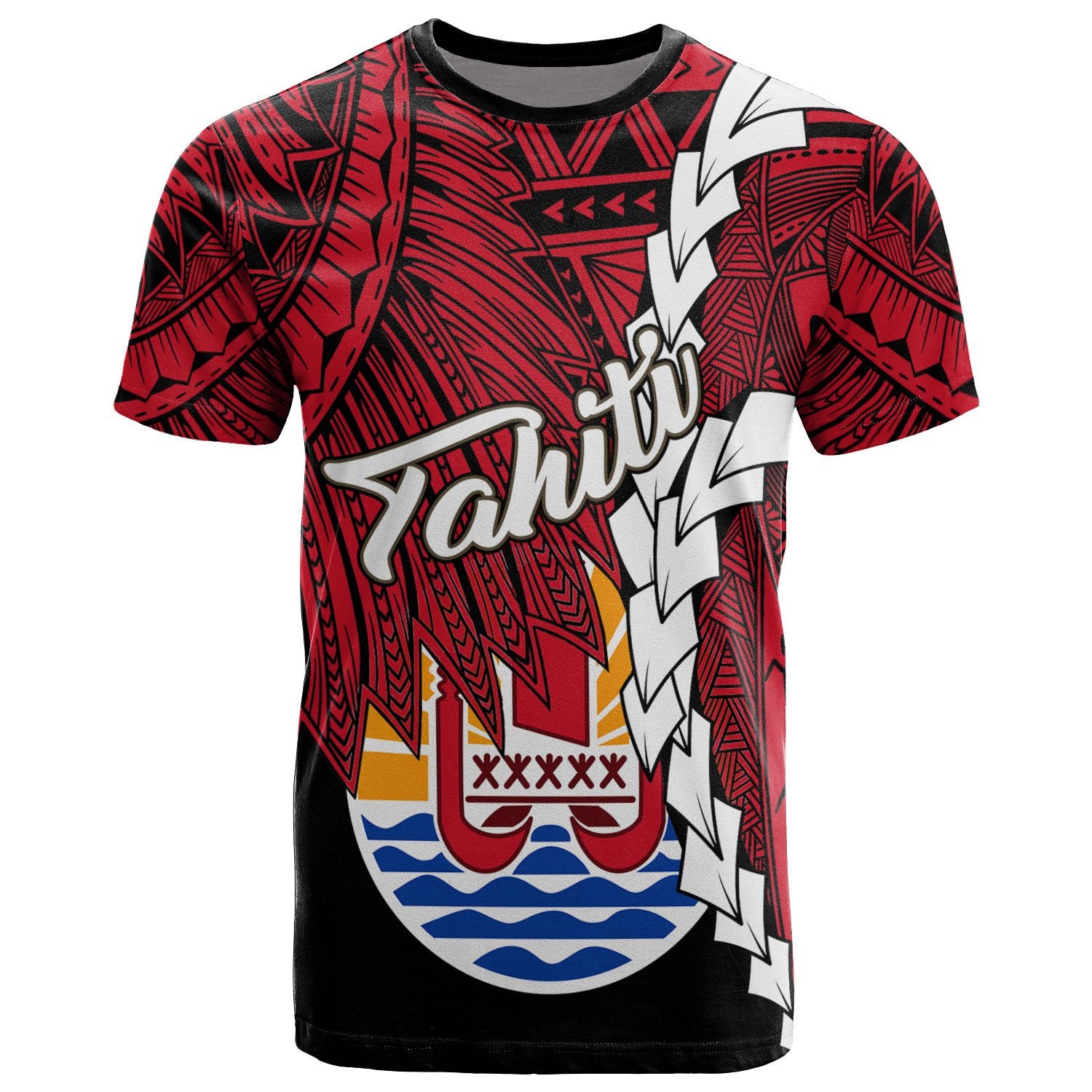 Tahiti Polynesian T Shirt Tribal Wave Tattoo Flag Style Unisex Black - Polynesian Pride