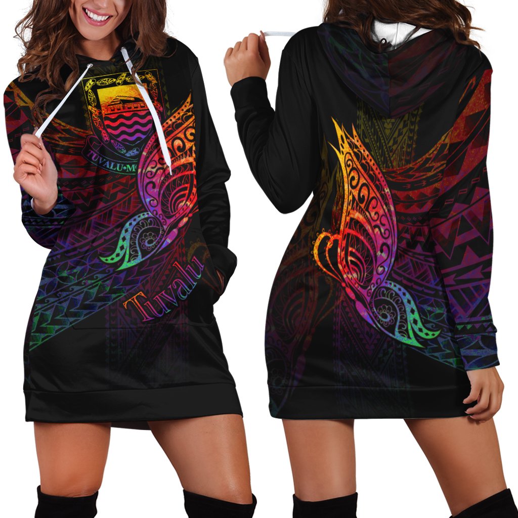 Tuvalu Hoodie Dress - Butterfly Polynesian Style Black - Polynesian Pride