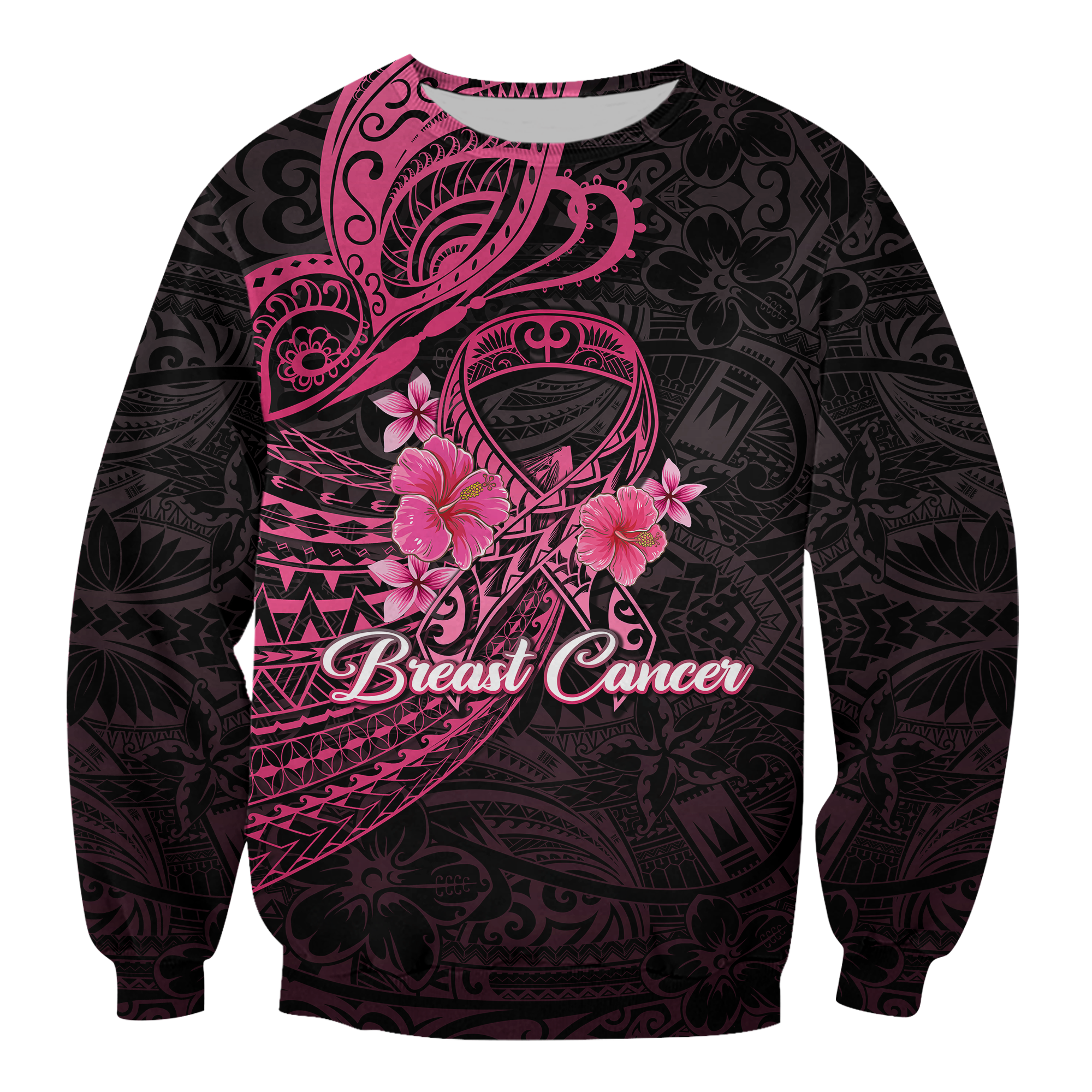 (Custom Personalised) Breast Cancer Pink Ribbon Butterfly Polynesian Black Version Sweatshirt - LT12 Unisex Blue - Polynesian Pride