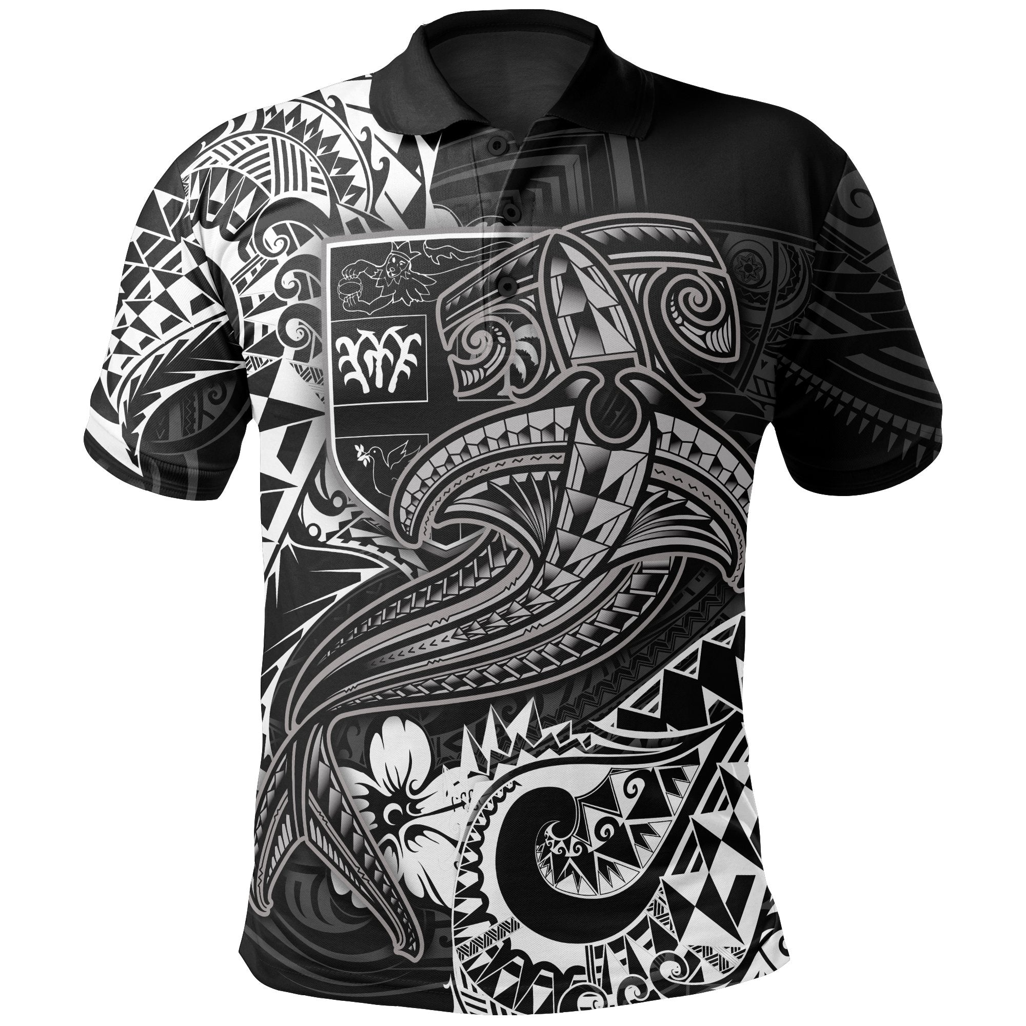 Fiji Polo Shirt White Shark Polynesian Tattoo Unisex White - Polynesian Pride