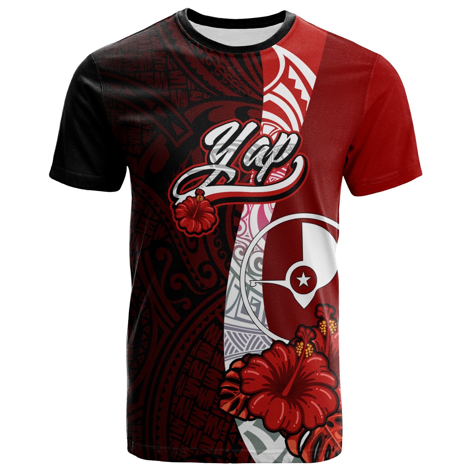 Yap Micronesia T Shirt Coat of Arm With Hibiscus Unisex Red - Polynesian Pride