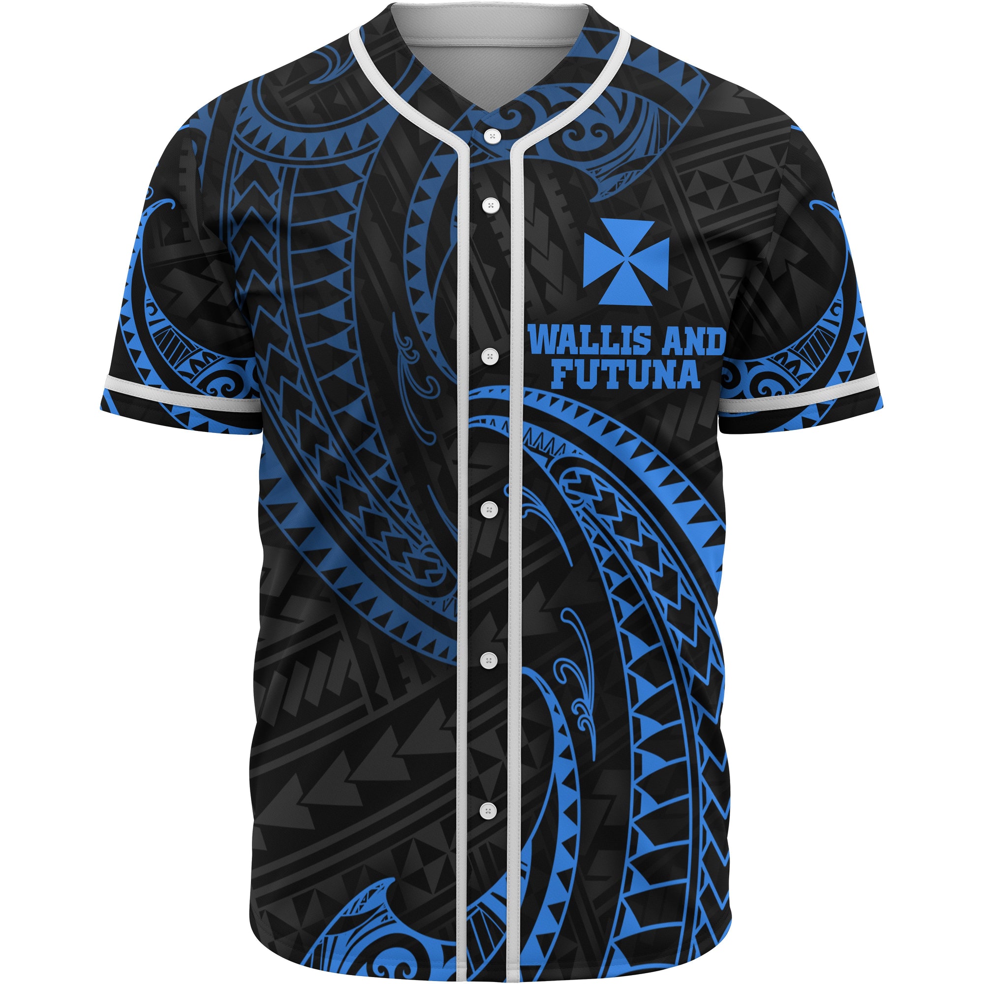 Wallis and Futuna Polynesian Baseball Shirt - Blue Tribal Wave Unisex Blue - Polynesian Pride