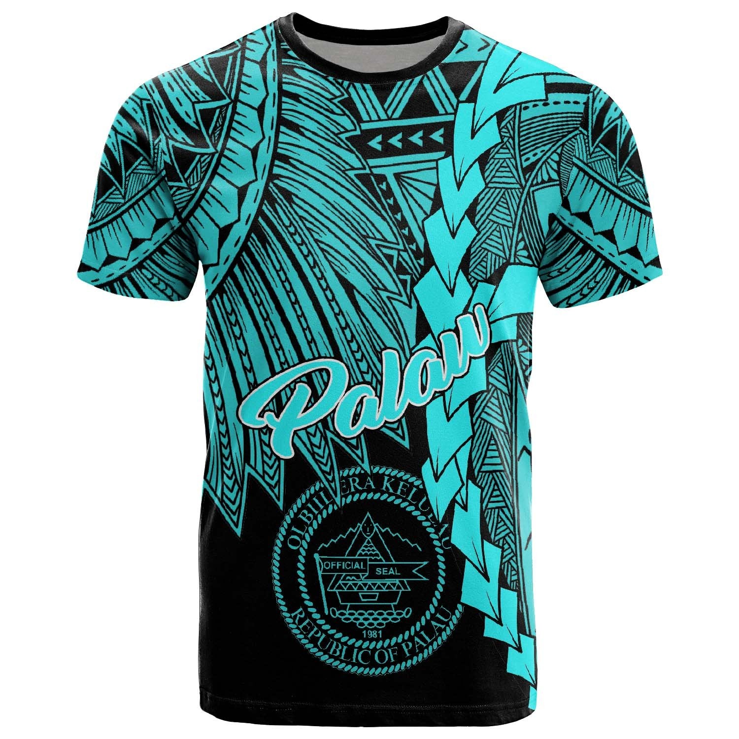 Palau Polynesian T Shirt Tribal Wave Tattoo Neon Blue Unisex Neon Blue - Polynesian Pride