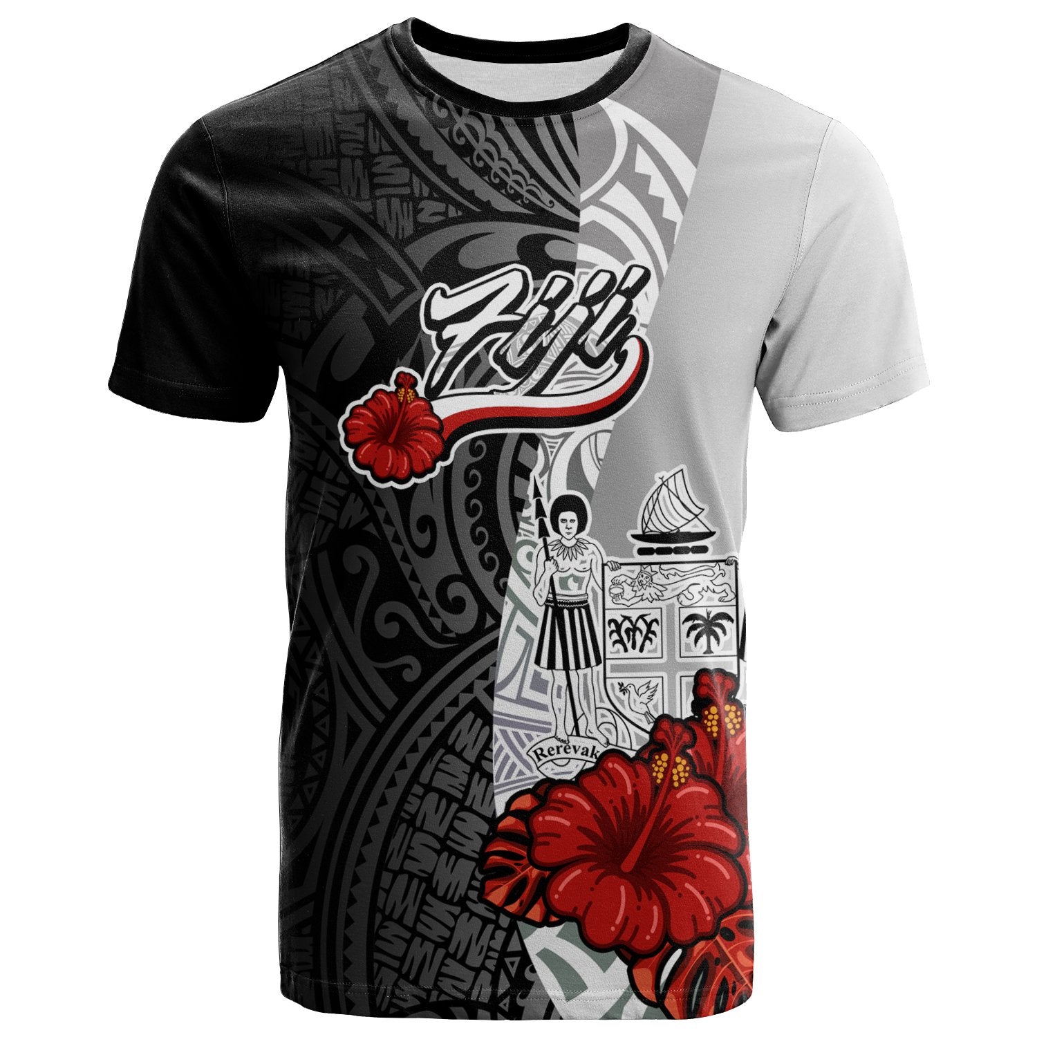 Fiji Polynesian T Shirt Coat of Arms With Hibiscus White Unisex Art - Polynesian Pride