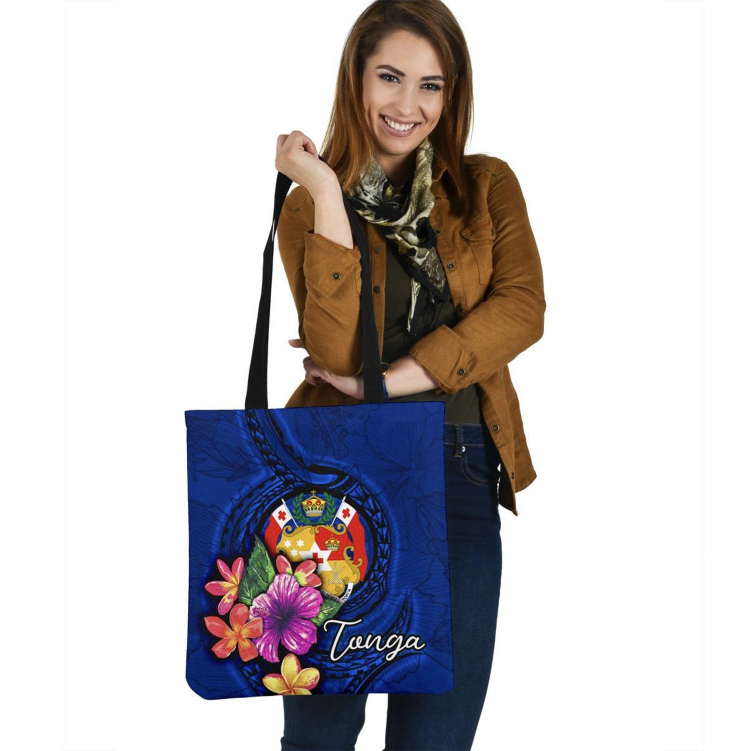 Tonga Polynesian Tote Bags - Floral With Seal Blue Tote Bag One Size Blue - Polynesian Pride