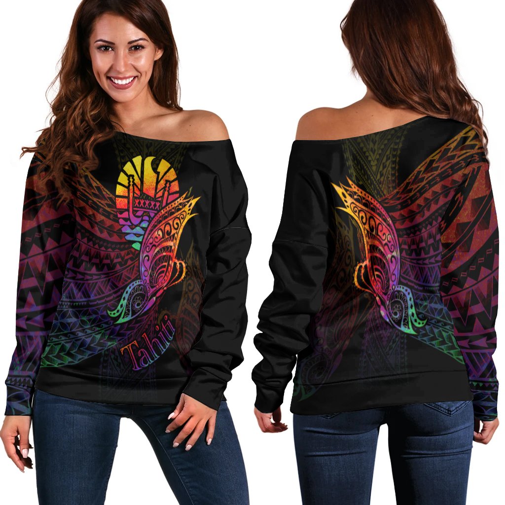 Tahiti Women's Off Shoulder Sweater - Butterfly Polynesian Style Black - Polynesian Pride