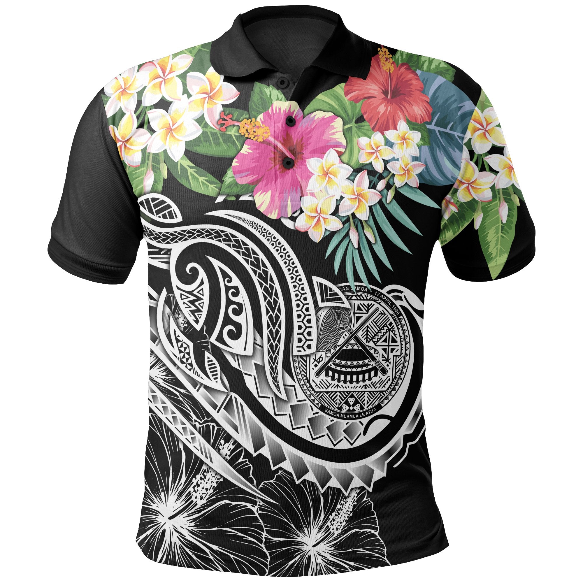 Polynesian American Samoa Polo Summer Plumeria (Black) Unisex Black - Polynesian Pride