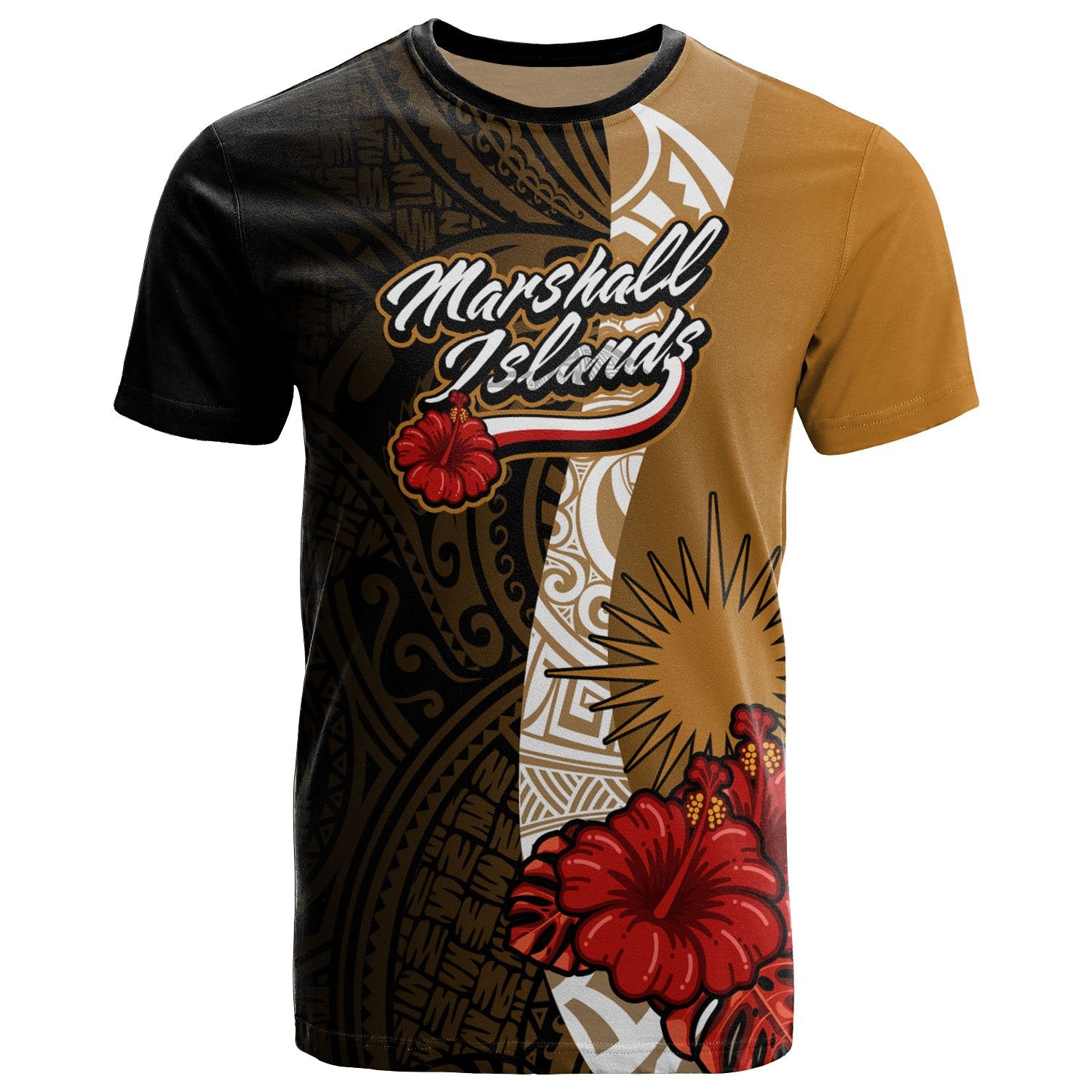 Marshall Islands Polynesian T Shirt Coat Of Arms With Hibiscus Gold Unisex Art - Polynesian Pride