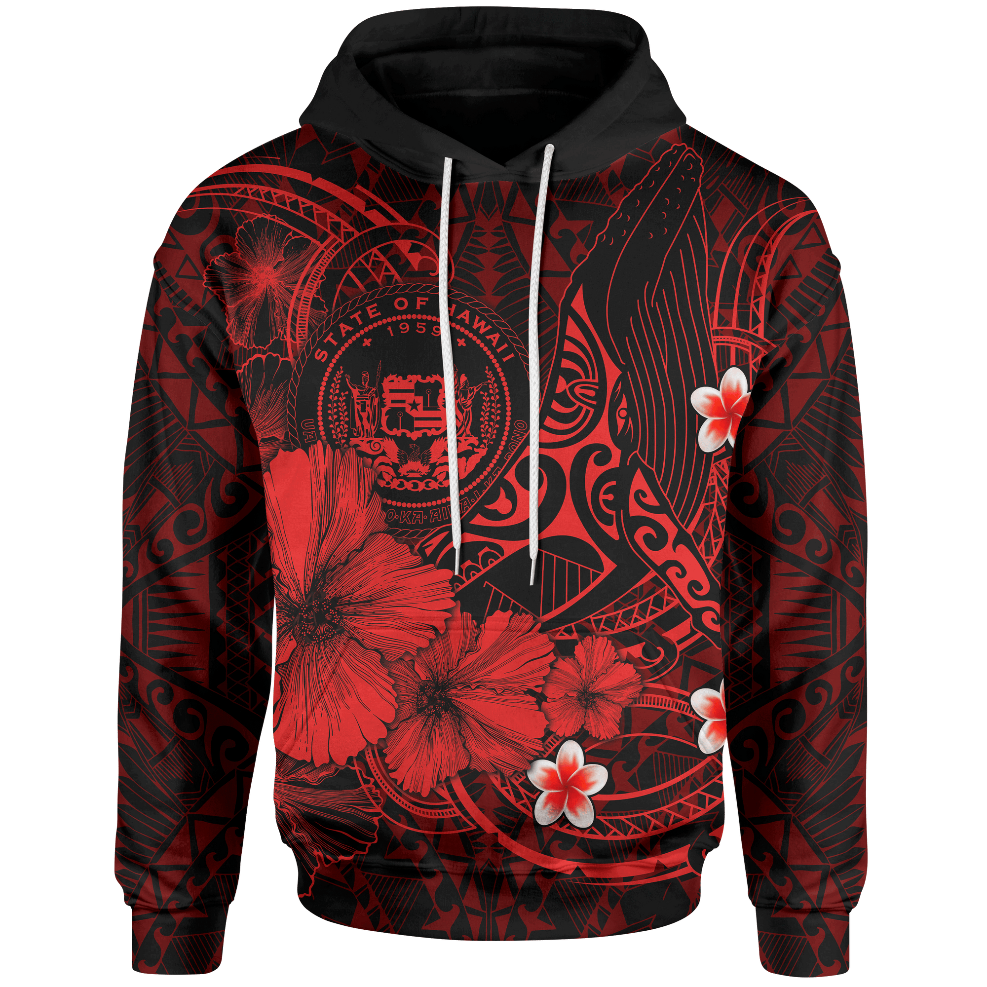 Polynesian Hawaii Hoodie Humpback Whale with Hibiscus (Red) Unisex Red - Polynesian Pride