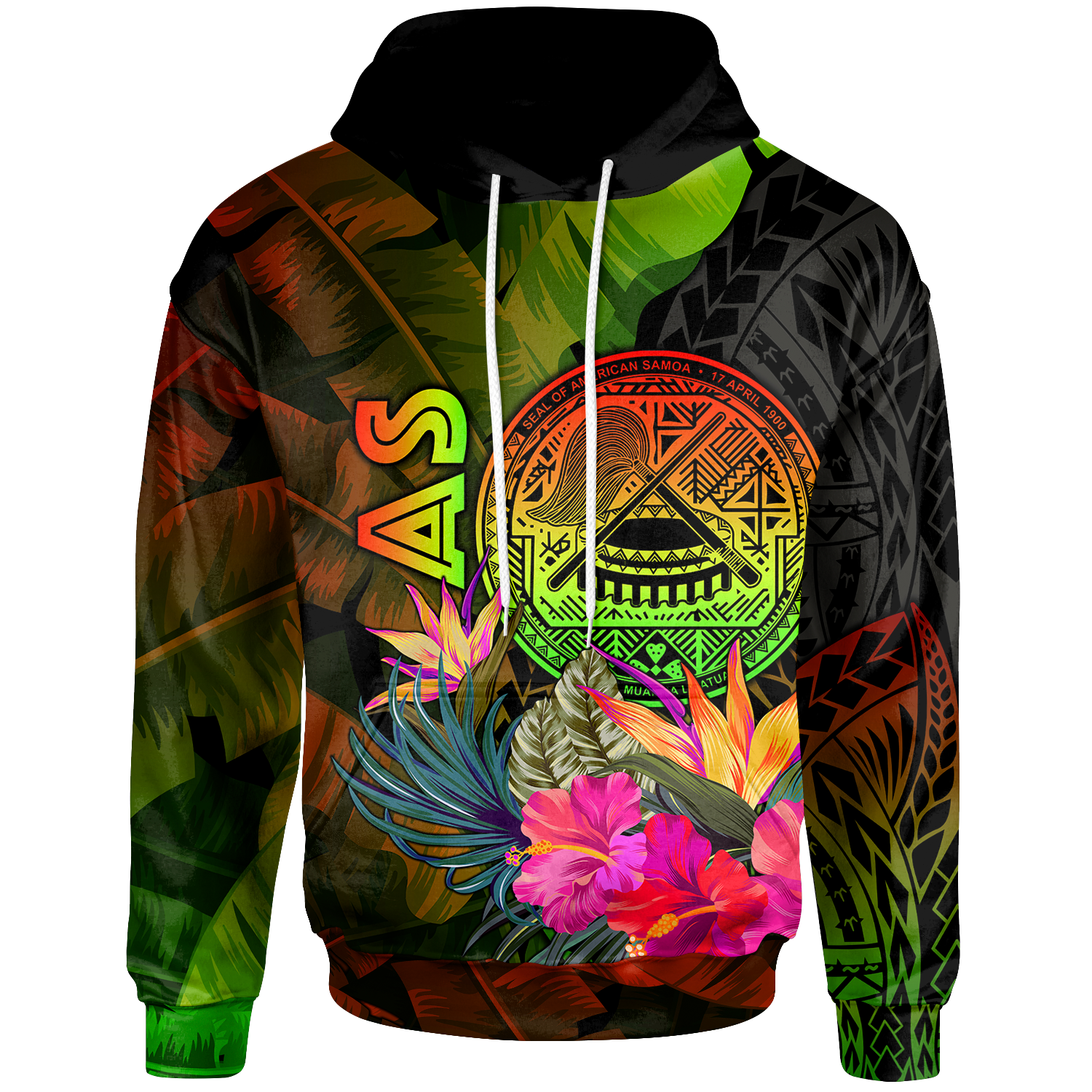 American Samoa Polynesian Hoodie Hibiscus and Banana Leaves Unisex Reggae - Polynesian Pride