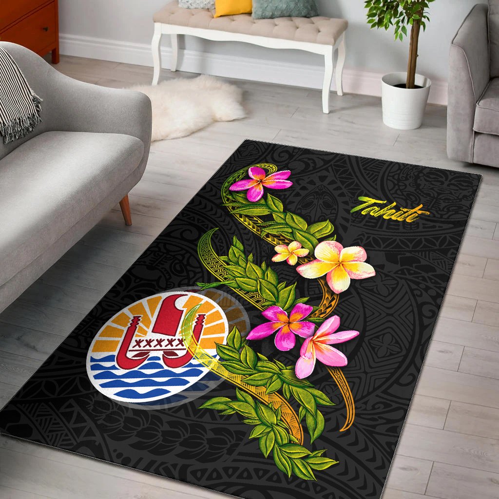 Tahiti Polynesian Area Rug - Plumeria Tribal Black - Polynesian Pride