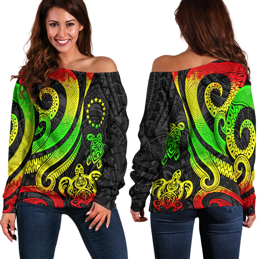 Cook Islands Women's Off Shoulder Sweater - Reggae Tentacle Turtle Art - Polynesian Pride