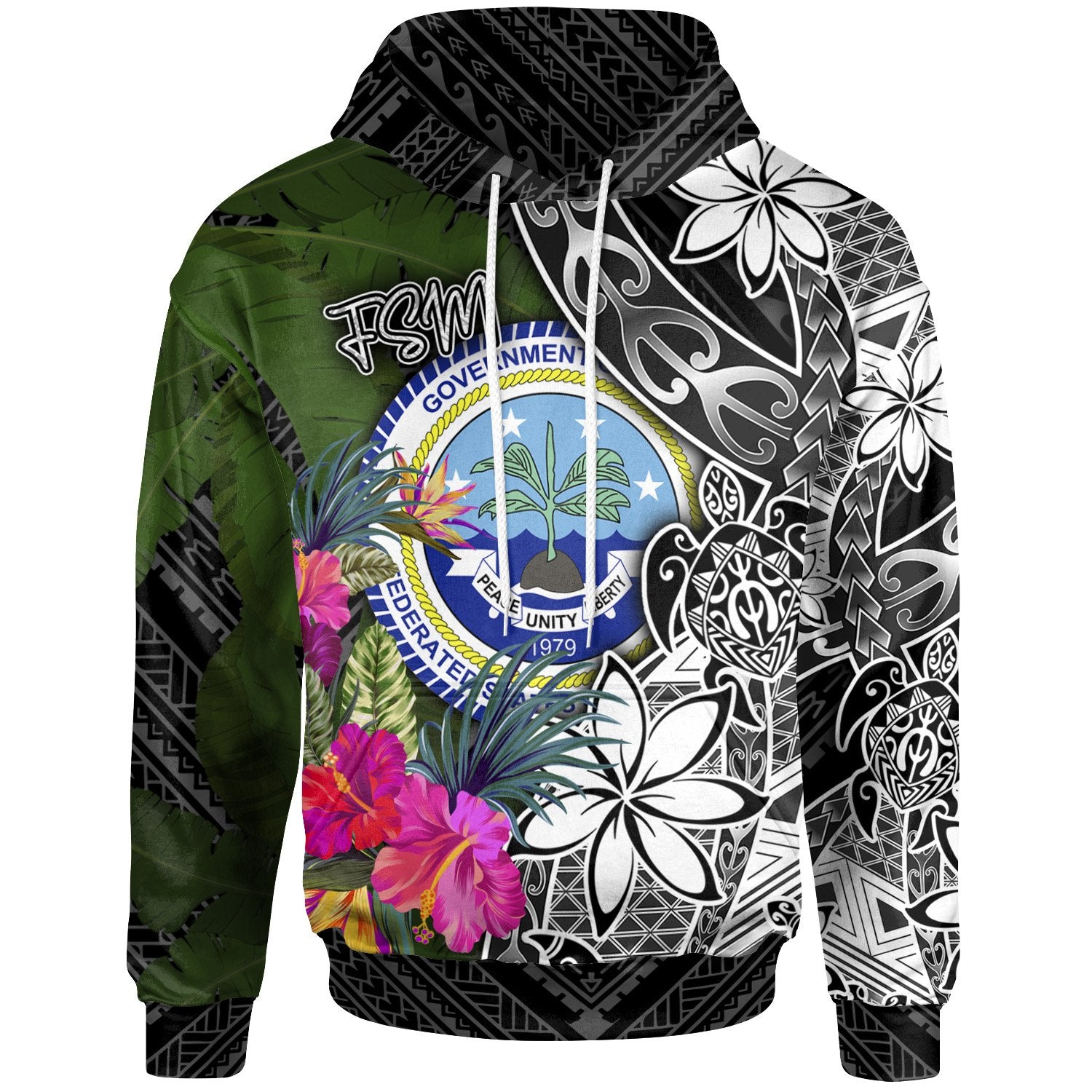 Federated States of Micronesia Hoodie Turtle Plumeria Banana Leaf Unisex Black - Polynesian Pride