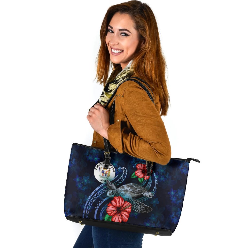 Niue Polynesian Leather Tote - Blue Turtle Hibiscus Blue - Polynesian Pride