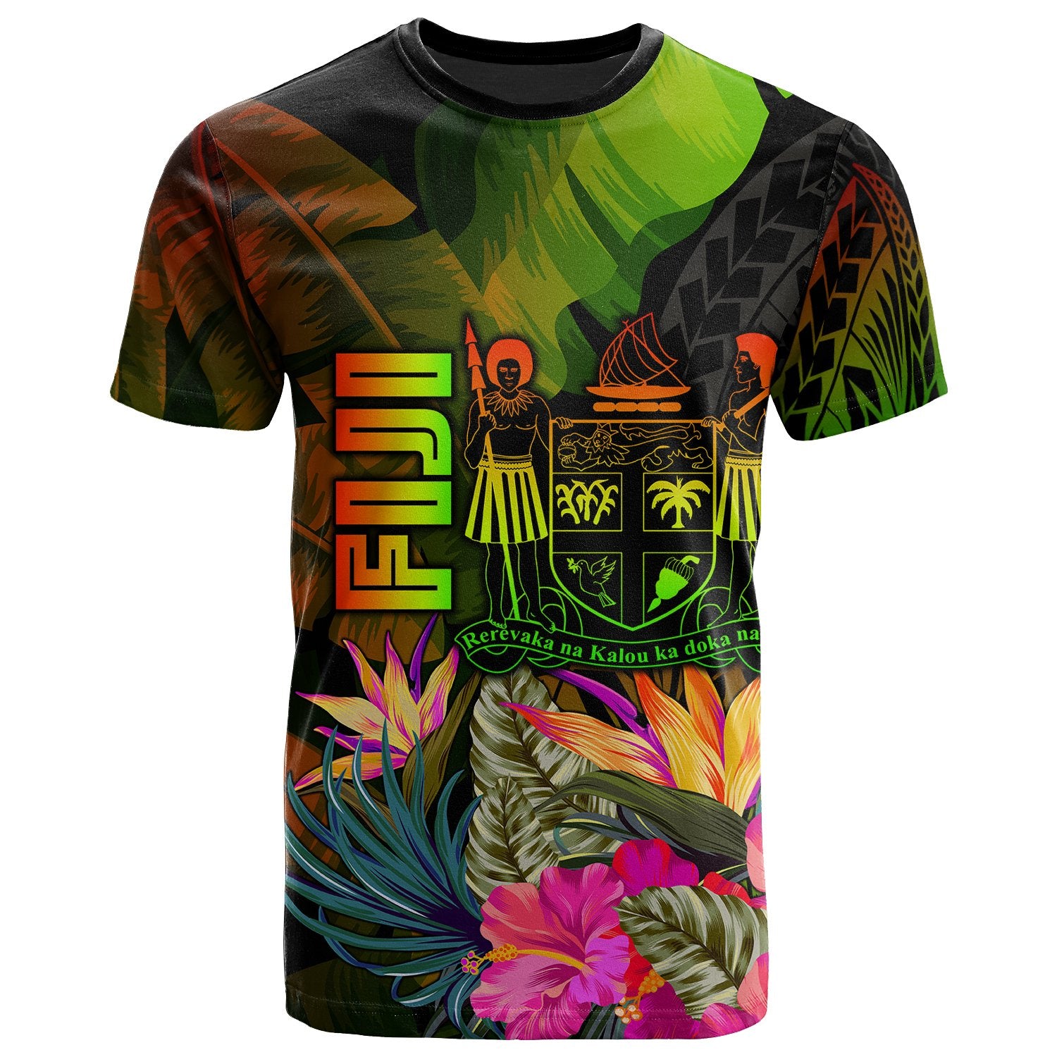 Fiji Polynesian T Shirt Hibiscus and Banana Leaves Unisex Reggae - Polynesian Pride