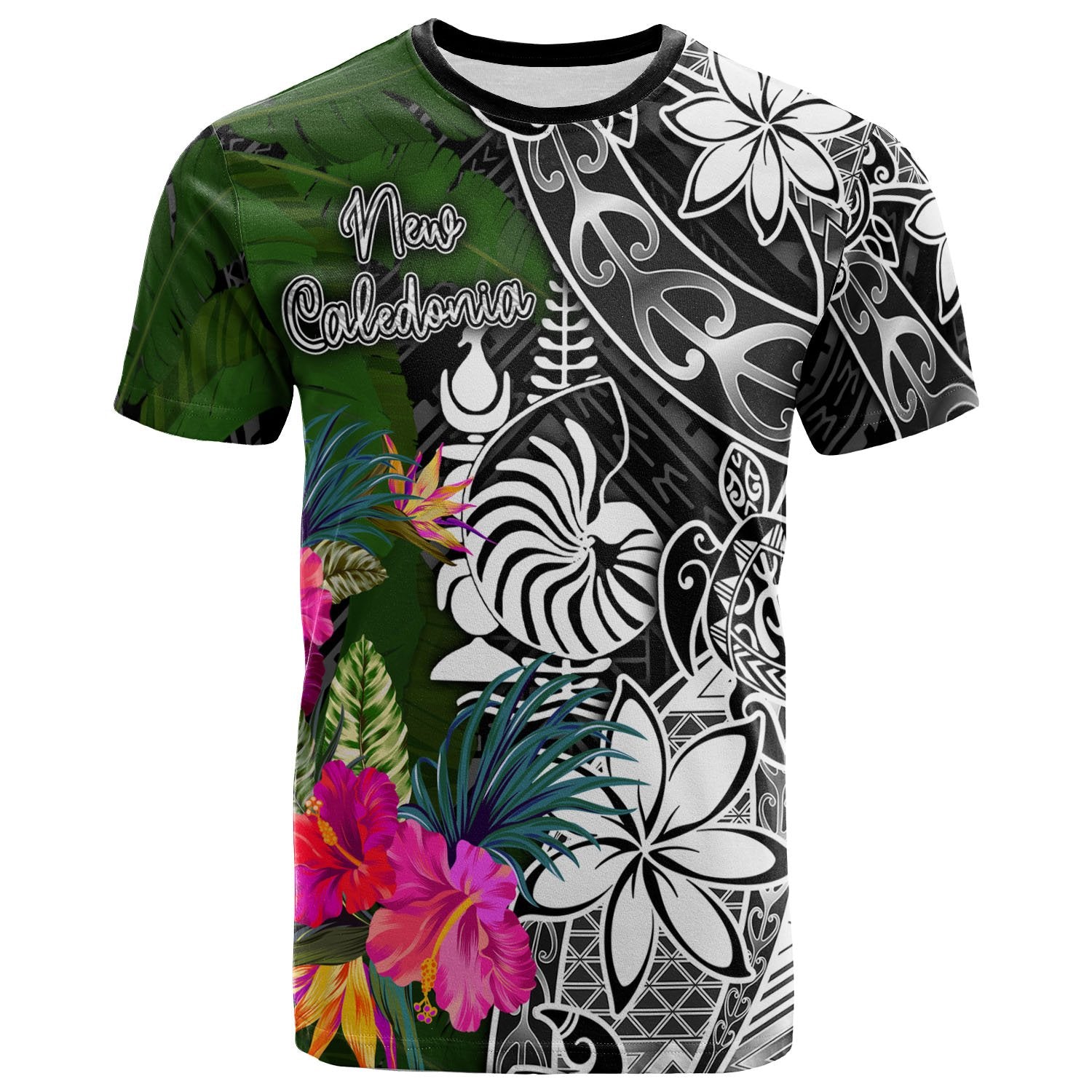 New Caledonia T Shirt Turtle Plumeria Banana Leaf Crest Unisex Black - Polynesian Pride