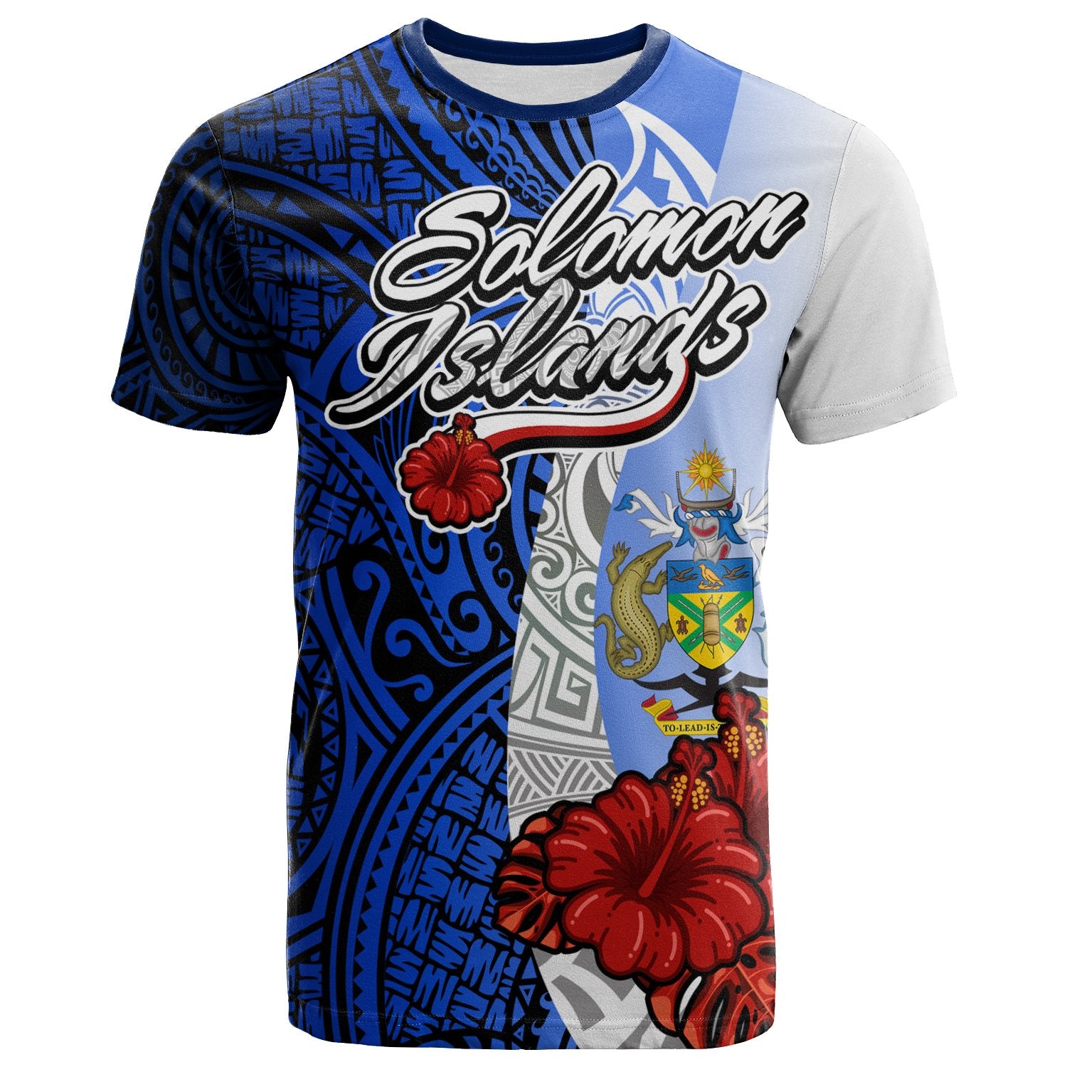 Solomon Islands Polynesian T Shirt Coat of Arm With Hibiscus Blue Unisex Blue - Polynesian Pride