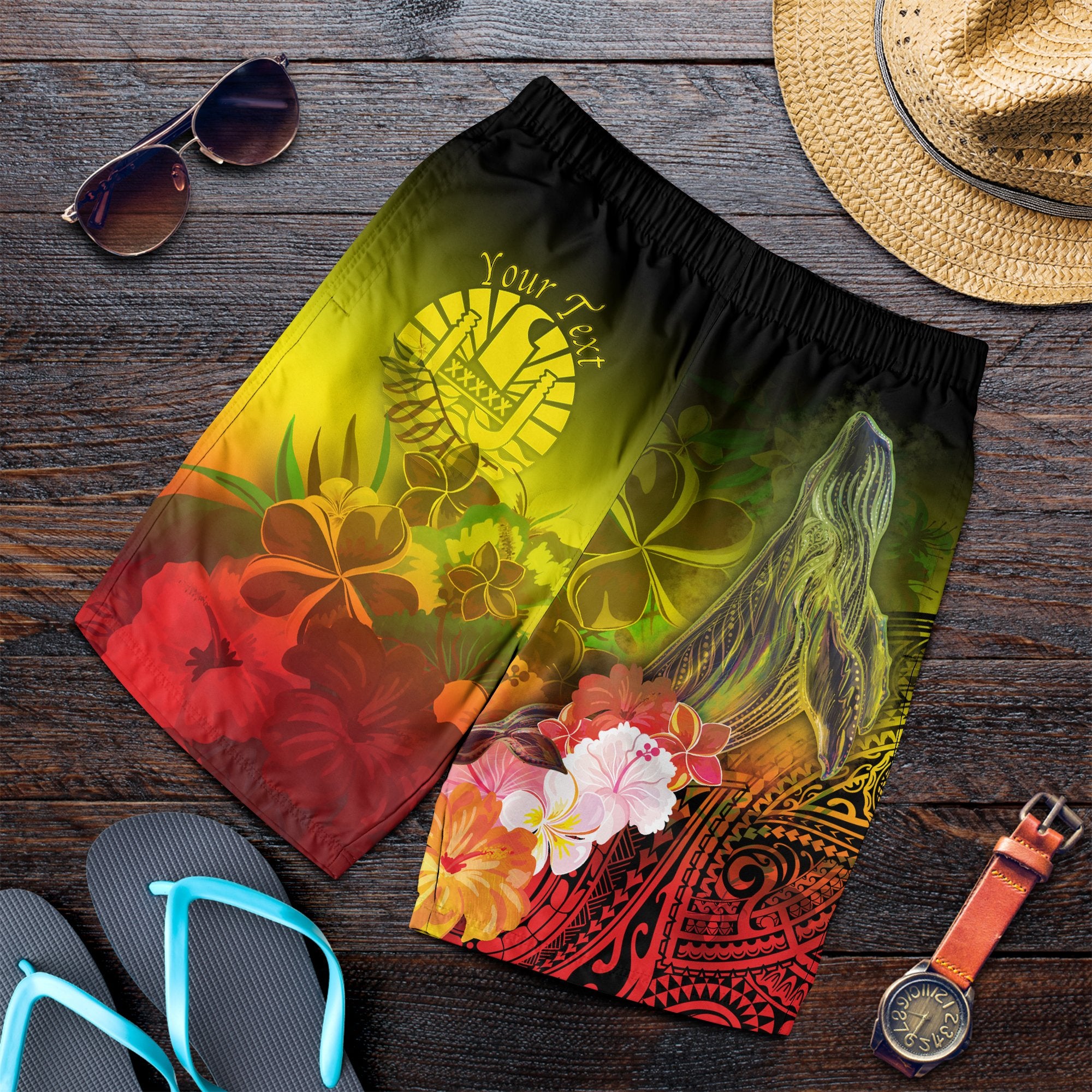 Tahiti Custom Personalised Men's Shorts - Humpback Whale with Tropical Flowers (Yellow) Yellow - Polynesian Pride