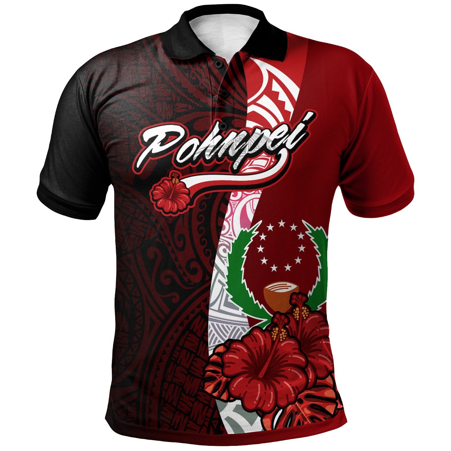 Pohnpei Micronesia Polo Shirt Coat Of Arm With Hibiscus Unisex Red - Polynesian Pride