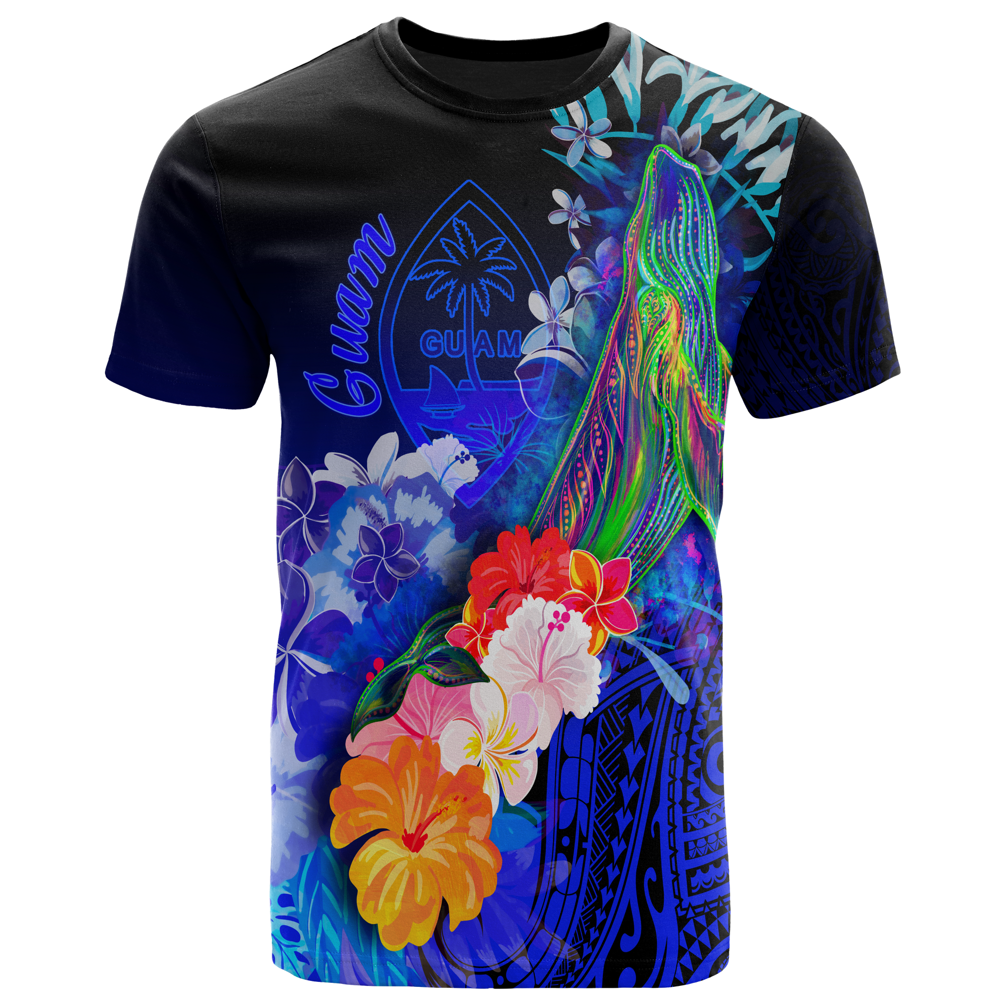 Guam T Shirt Humpback Whale with Tropical Flowers (Blue) Unisex Blue - Polynesian Pride