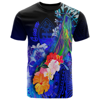 Guam T Shirt Humpback Whale with Tropical Flowers (Blue) Unisex Blue - Polynesian Pride
