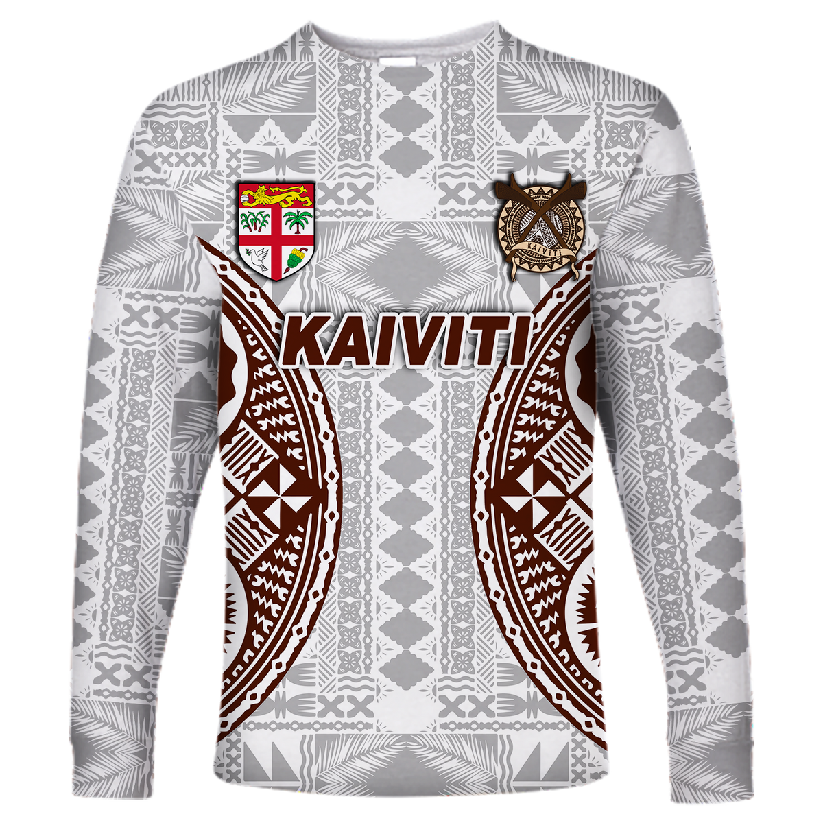 (Custom Personalised) Fiji Kaiviti Tapa Pattern Long Sleeve Shirt - LT12 Unisex White - Polynesian Pride
