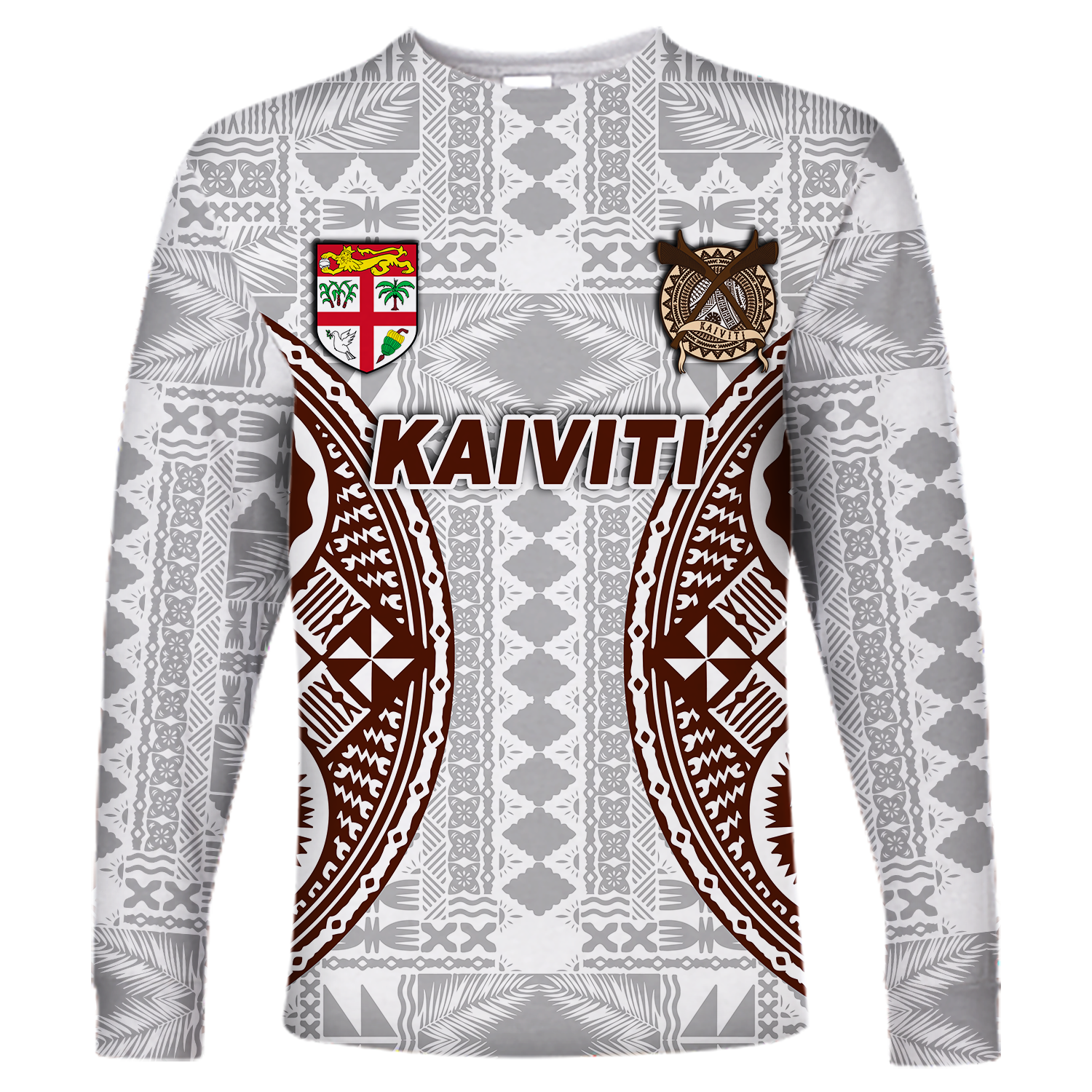 (Custom Personalised) Fiji Kaiviti Tapa Pattern Long Sleeve Shirt - LT12 Unisex White - Polynesian Pride